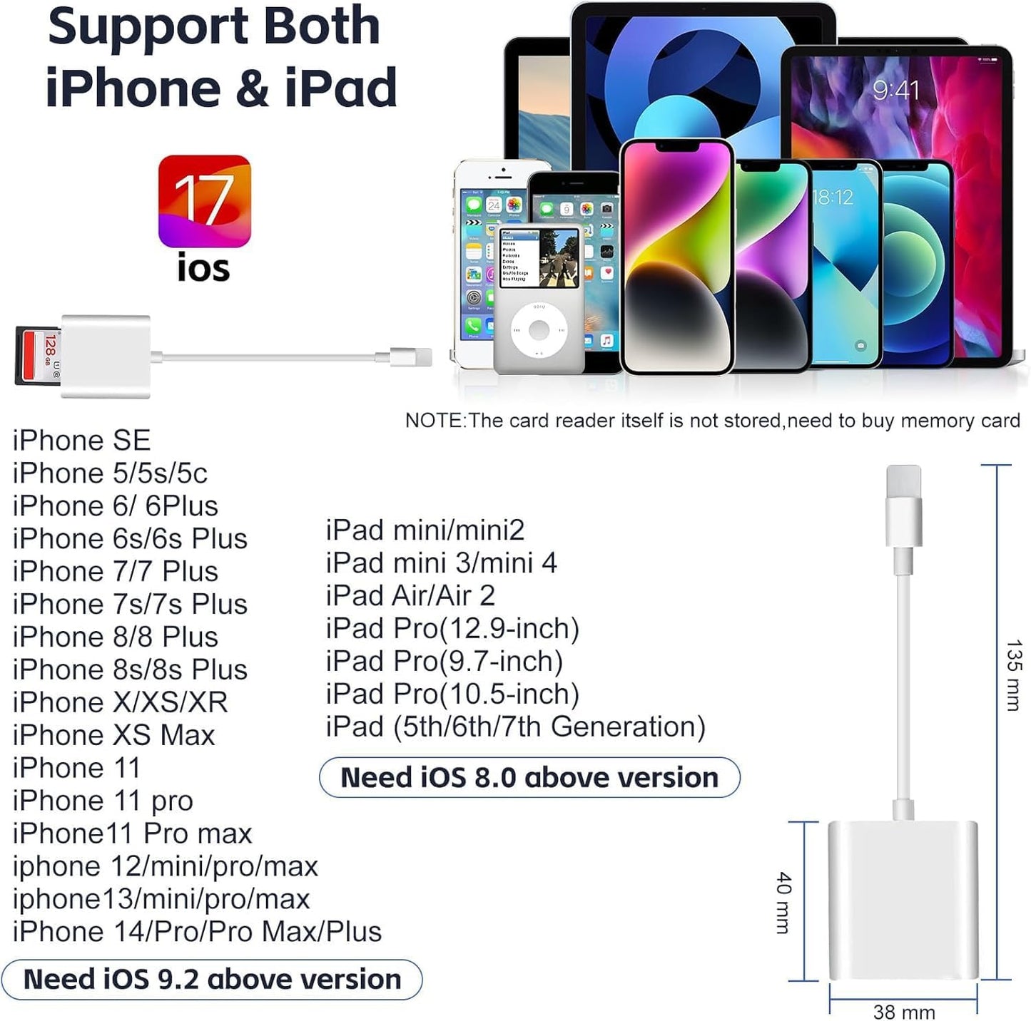 wtyixs iPhone14/13/12/11/XS/XR/X/8/7/Plus/Pro SD Card Reader for iPhone, Memory Card Reader for iPad with Dual Slot