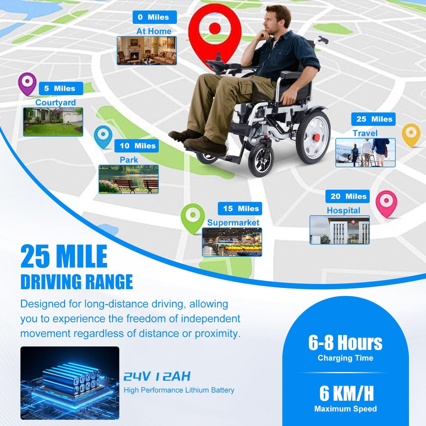 Electric Wheelchairs for Adults, 25 Miles All-Terrain Power Wheelchair Lightweight Foldable Motorized Wheelchair for Seniors, Compact Portable Heavy Duty Wheelchair Support 300 Lbs, Airline Approved