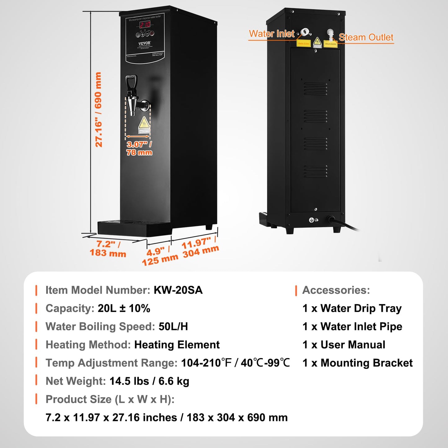 VEVOR Commercial Water Boiler, 20L Electric Hot Water Dispenser with 316 Stainless Steel Heating Tube, 1500W Step-by-step Fast Heating 50L/H Hot Water Boiler, for Coffee Tea Restaurant Office