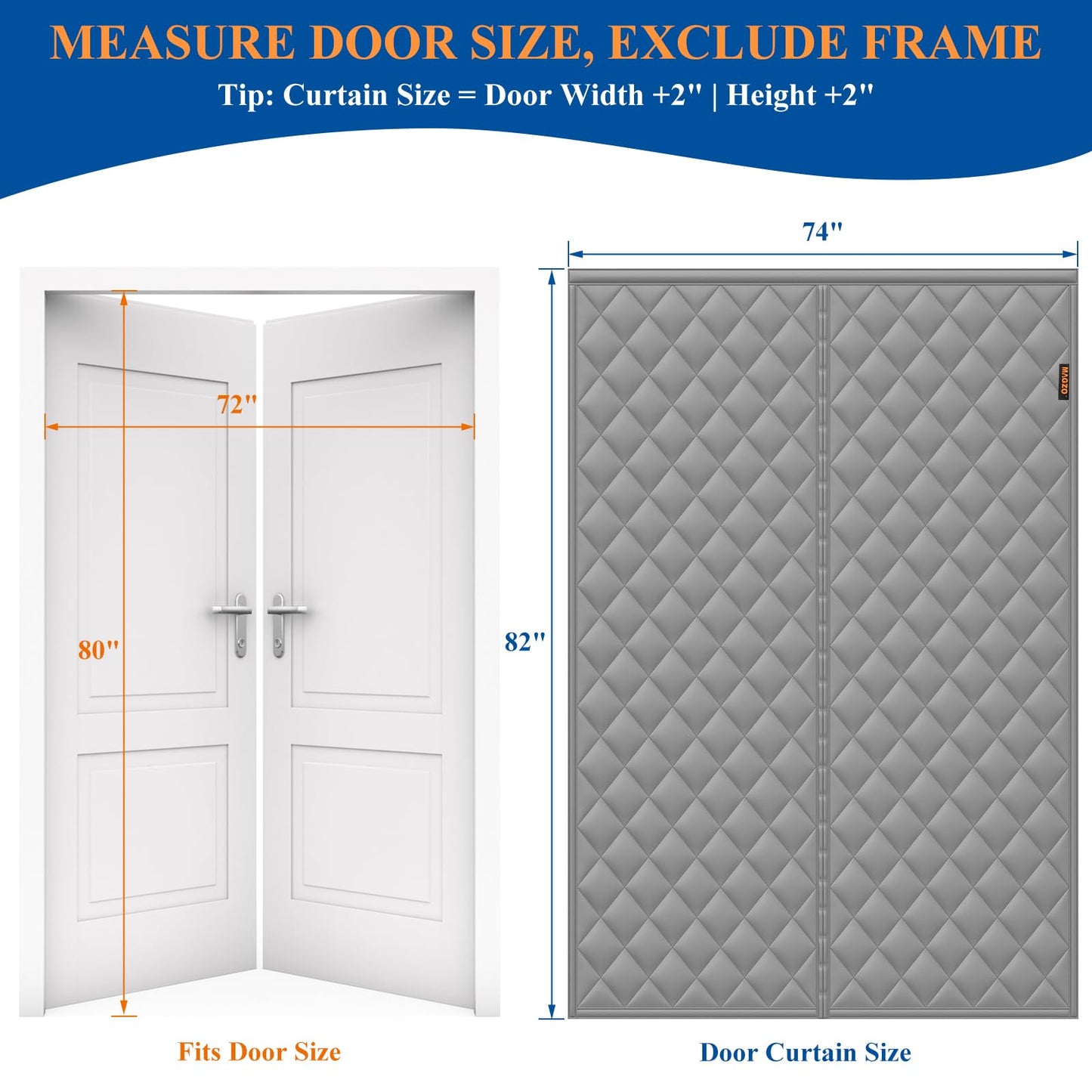MAGZO Sliding Glass Door Insulation Curtain for Winter, 72'' x 80'', Upgraded Oxford Filled with Thicken Cotton, Patio Door Insulation Kit Cover Blanket for French Attic Doors, Strong Magnets, Grey