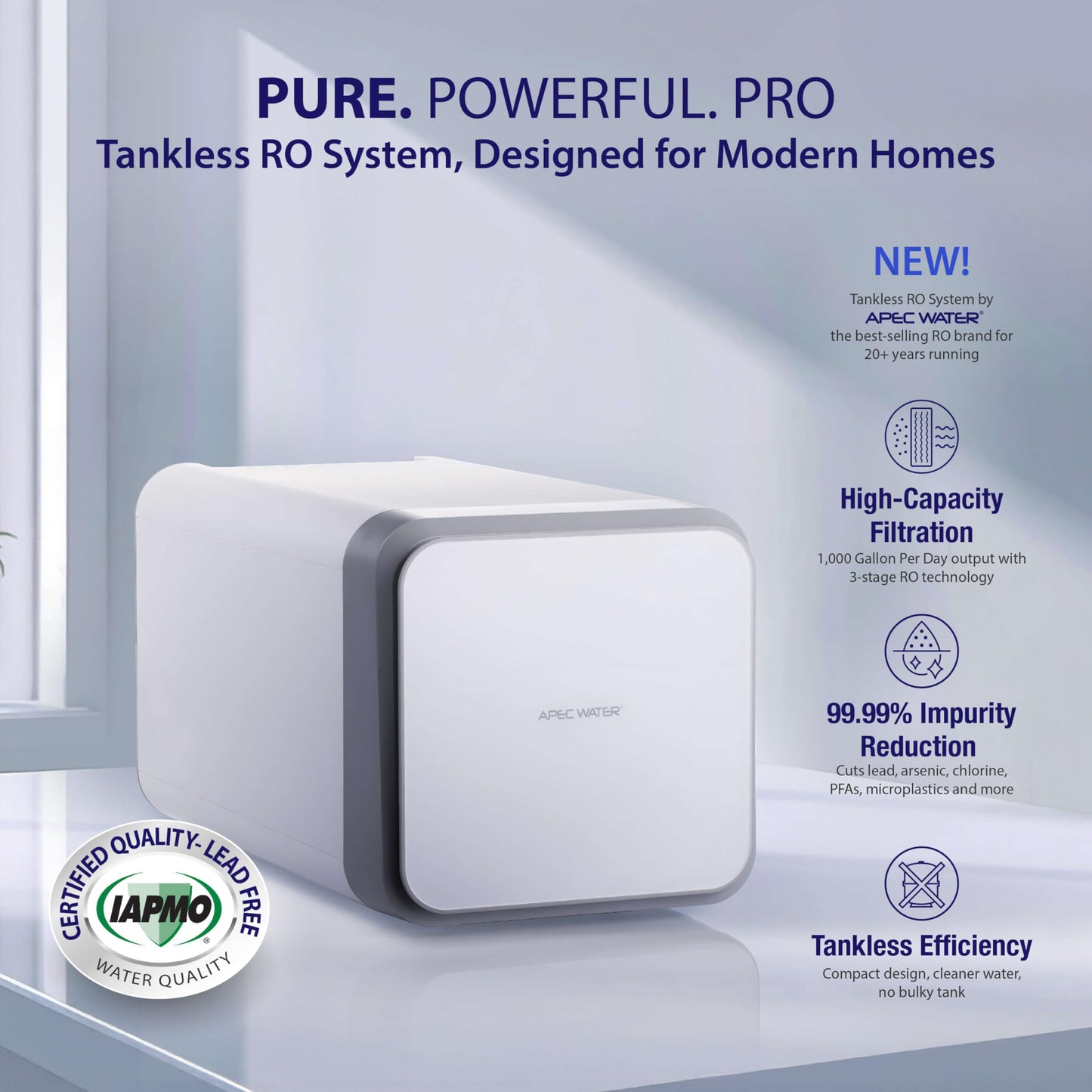 APEC Tankless Reverse Osmosis System, NSF 372 & 58 Certified 3 Stage Water Filtration Bottled Water Quality, High 1K GPD Faucet Flow, Efficient 2:1 Pure to Drain, Space Saving Design