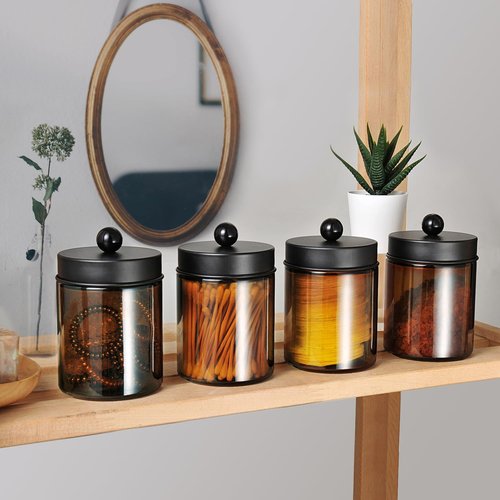 Amolliar Amber Glass Qtip Holder - Stylish Apothecary Jar with Matte Black Lid | 4-Pack Bathroom Organizer for Cotton Swabs & Floss