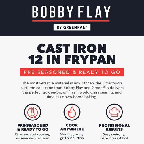 GreenPan x Bobby Flay 12” Cast Iron Pre-Seasoned Skillet with Helper Handle, Professional Grade Heavy Duty, Induction, Pour Spouts, Versatile Stovetop, Oven, BBQ Grill Fire, Indoor/Outdoor Use, Black