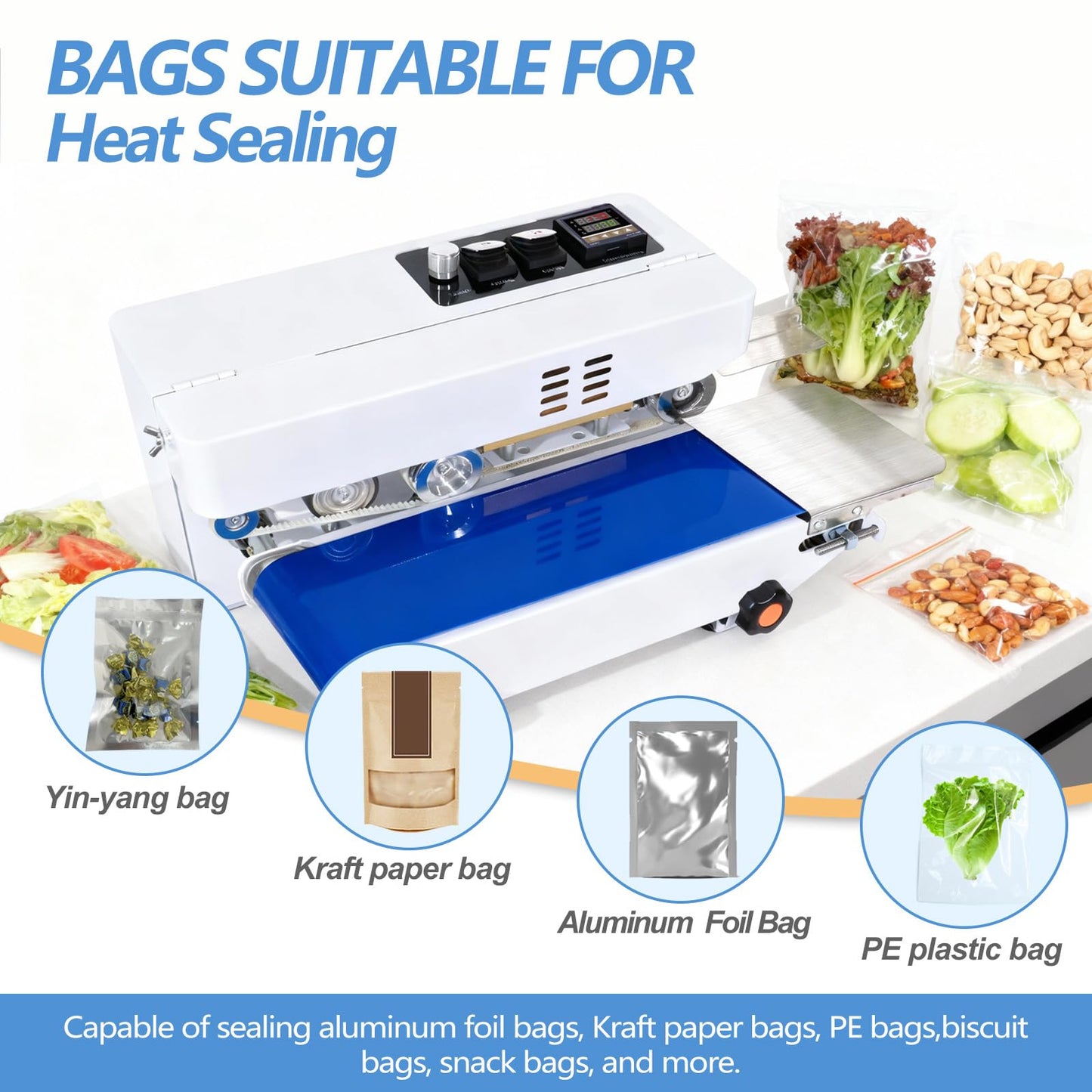 Minssine Commercial Heat Sealer Machine, Automatic Continuous Bag Band Sealing Machine with Digital Temperature Control, Adjustable Speed, Desktop Bag Sealer for Plastic Bags Films (110V/60HZ)