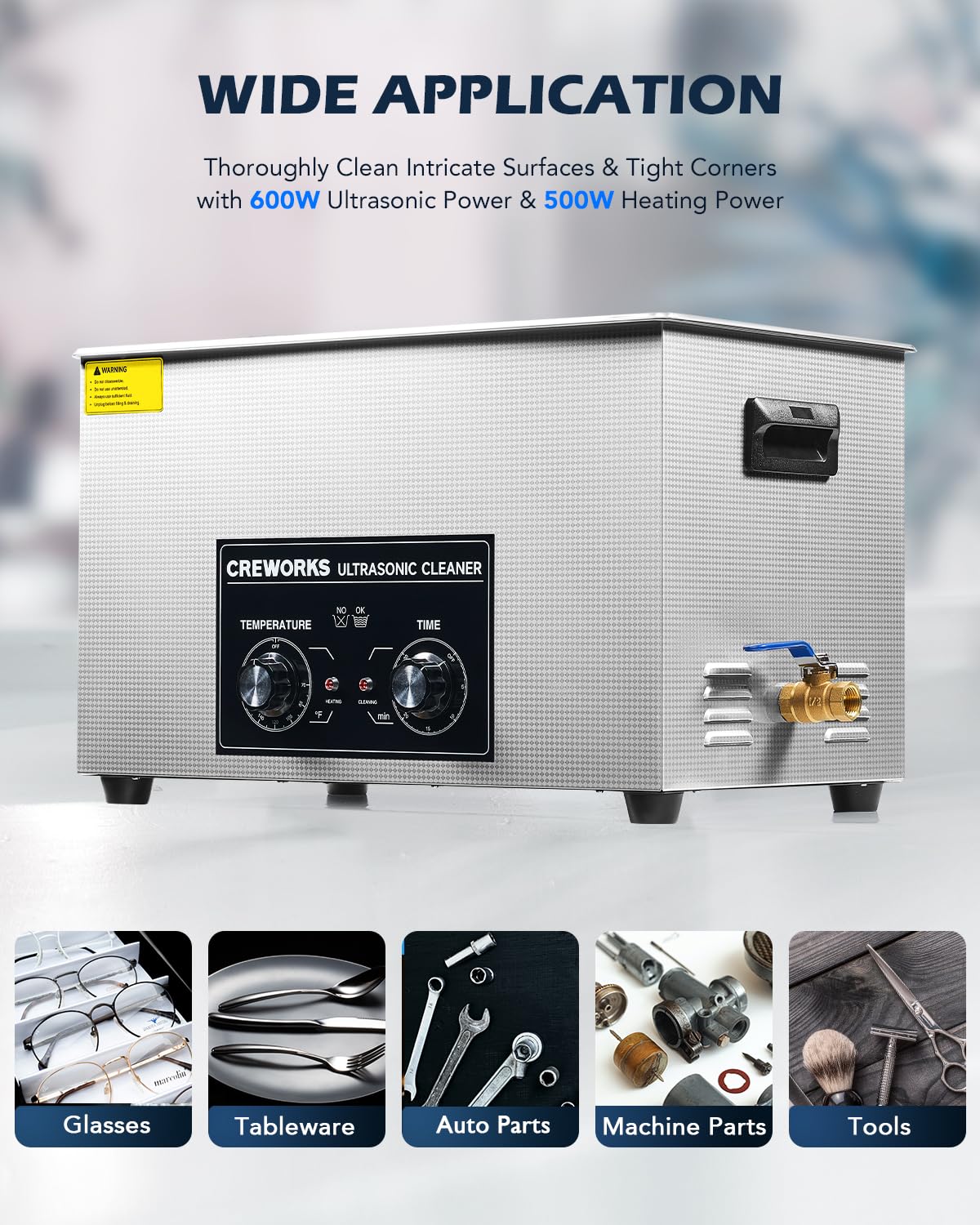 CREWORKS 30L Ultrasonic Cleaner with Heater & Timer, 600W 304 Stainless Steel Sonic Cleaner, 7.9 gal Ultrasonic Parts Cleaner with Knobs, Professional Lab Ultrasonic Cleaner for Auto Tool Machine Part