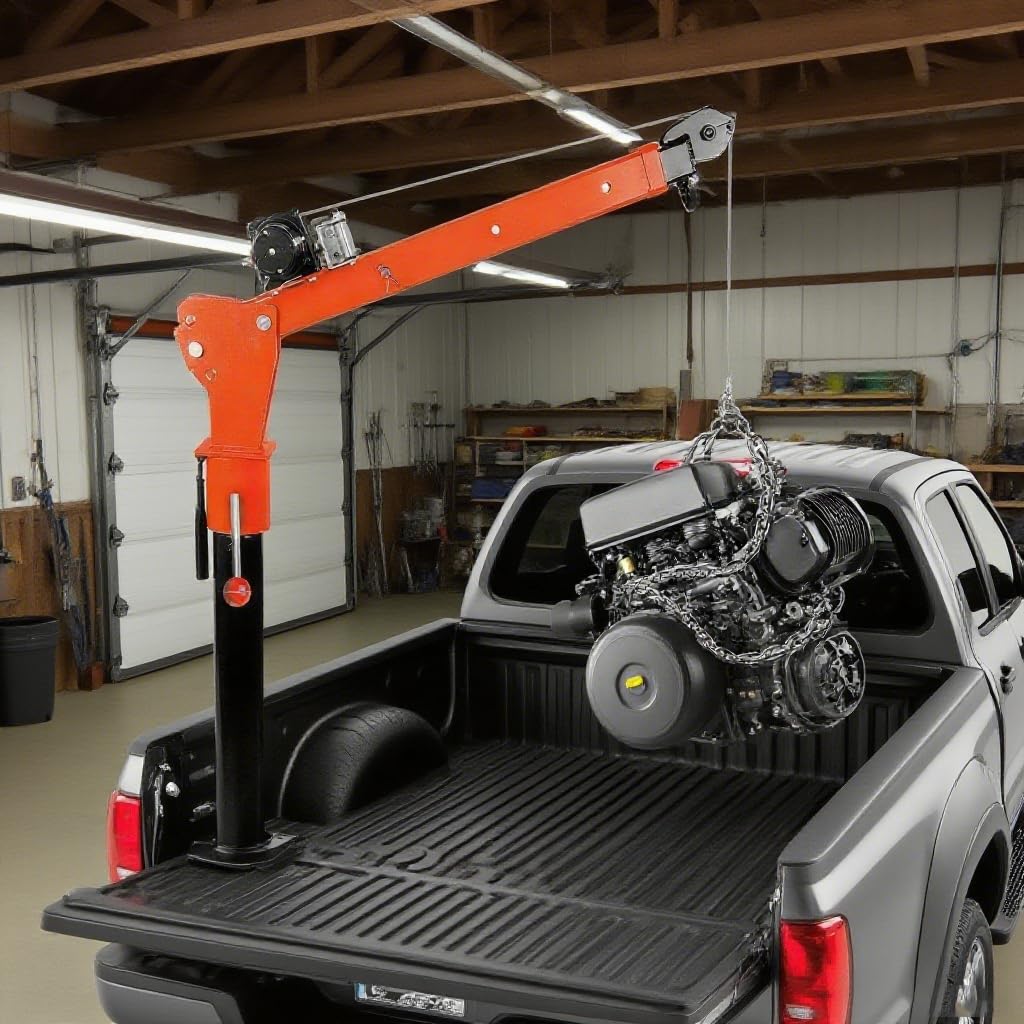 360° Swivel Shop Crane with 1100lbs Capacity, Foldable Truck Hitch Crane & 12V 3500Lbs Winch, Heavy-Duty Truck Lift for Industrial Use