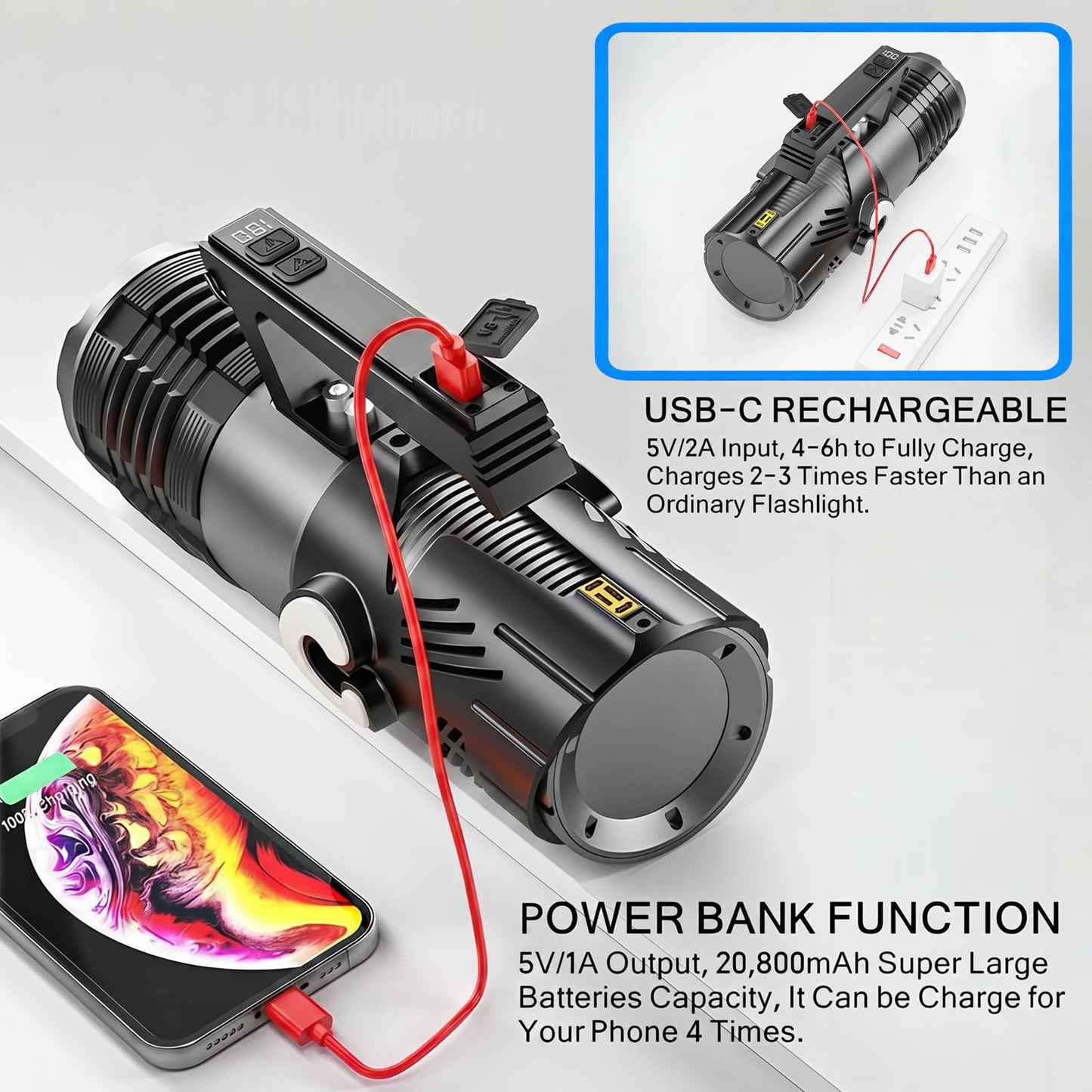 AKISONG Rechargeable XHP360 LED Spotlight Flashlight 18,000 High Lumens, 150W Ultra Bright Zoomable Searchlight with USB Output & Side Lamp, Waterproof Handheld Spotlight for Camping Hunting Emergency