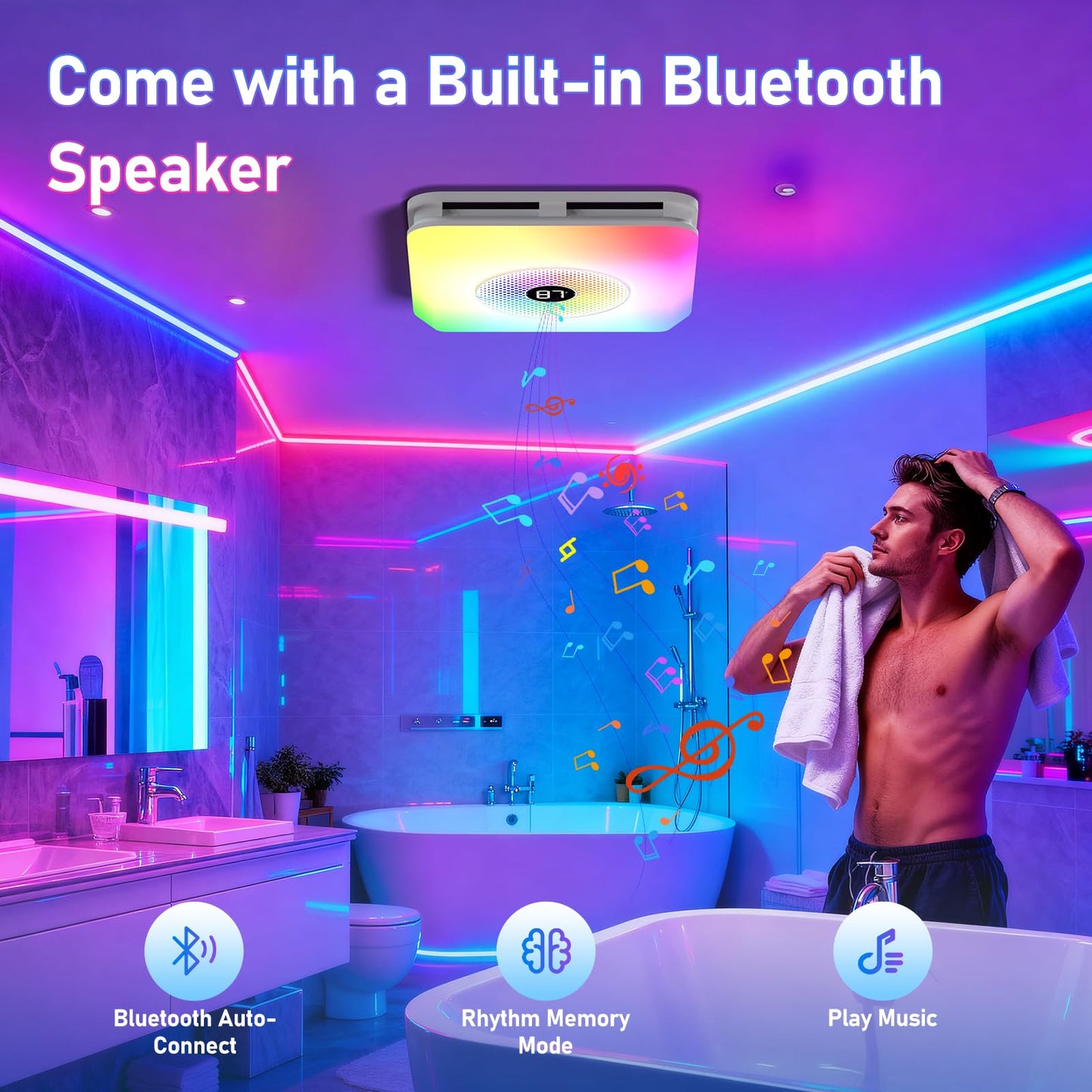 BSEED Bathroom Exhaust Fan with Bluetooth Speaker & LED Light, 230 CFM 1.5 Sone, 7-Color RGB & 3CCT Adjustable Light, Music Sync, Digital Display, Remote Control, Easy Install (White)