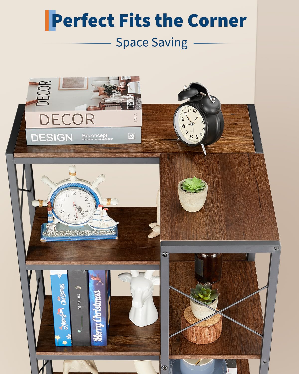 Garvee Corner Shelf, 7 Tier Industrial Corner Bookshelf, Wood and Metal Frame Large Bookcase, Freestanding Display Shelf for Living Room, Kitchen, Home Office, Rustic Brown