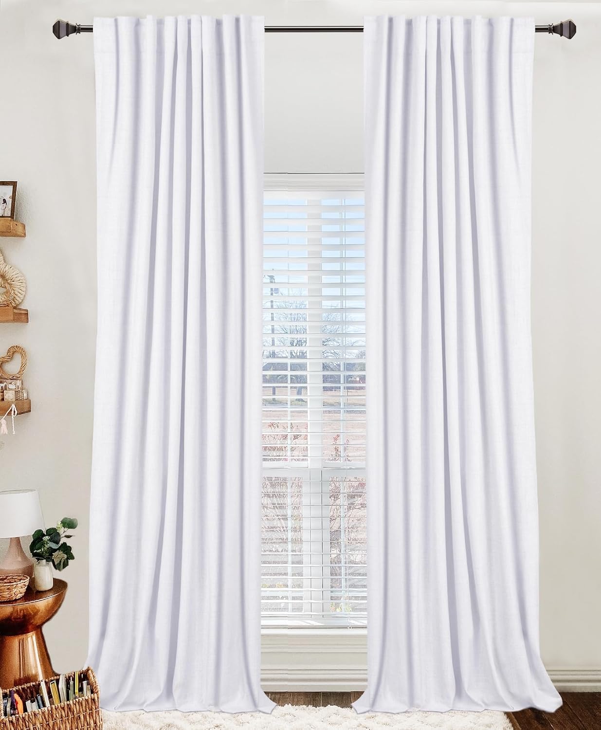 Skiennix 100% Blackout Linen Curtains - Thermal Insulated Drapes for Bedroom | 42" W x 45" L, Bright White, 2 Panels Set