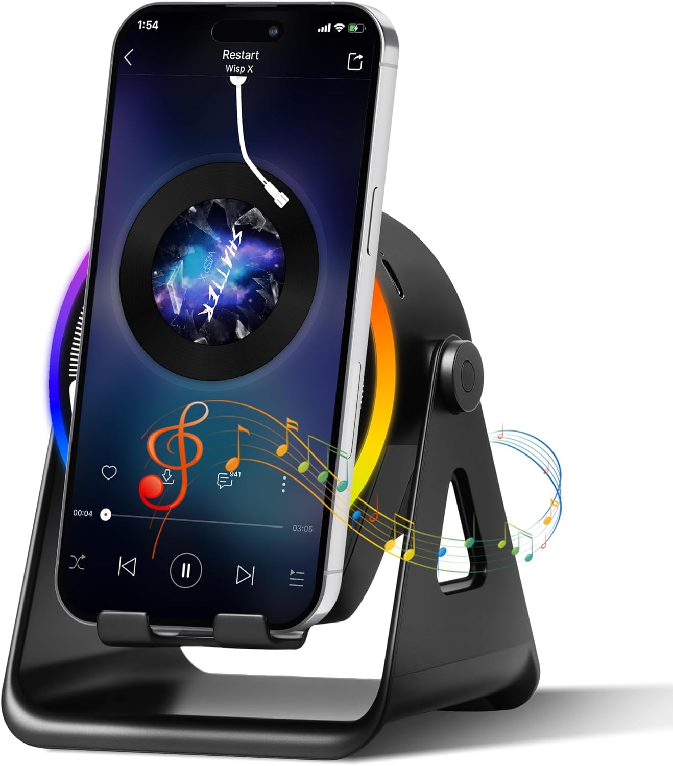 Cawinii 4-in-1 360 Wireless Induction Bluetooth Speaker, with Rotating Phone Holder and RGB Ambient Light