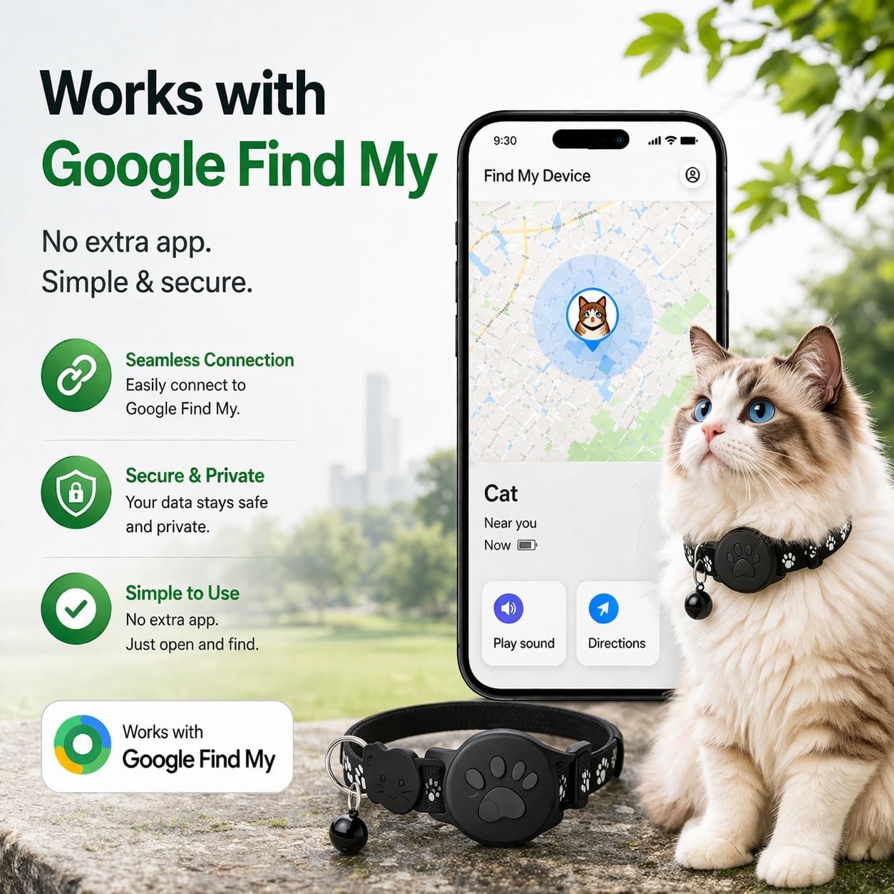 JNLIK Pet Tracker,GPS Collar for Cats (Android Only) Smart tag,Waterproof Compatible with Google Find My,No Monthly
