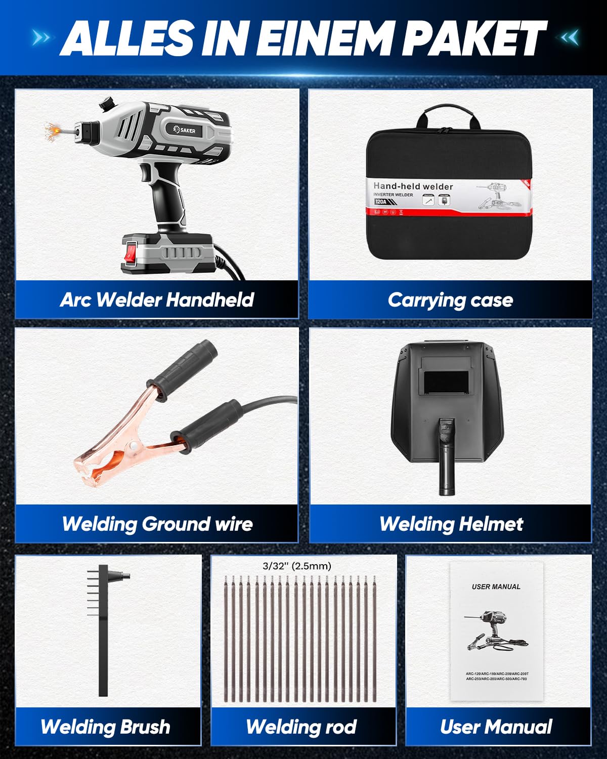 Saker Portable Electric Welding Machine,110V Portable Welder Handheld with IGBT Inverter 5 Variable Current Adjustment, ARC Welder Gun, Fits for 3/32" Wire Rods (Grey)