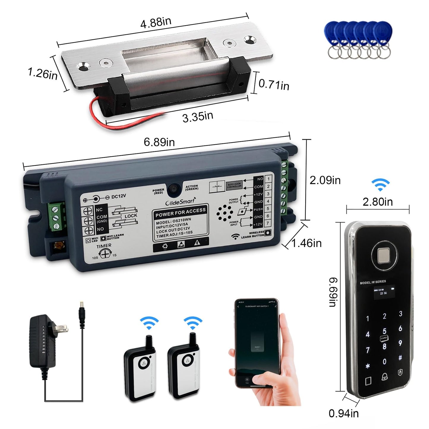 Olideauto Front Door WIFI Smart Fingerprint Electronic Card ReadersKit,Wireless Access Control Locking Kit for Home Office Door,with Wireless Fingerprint Access Keypad+Electric Strike+Wireless FoB Key