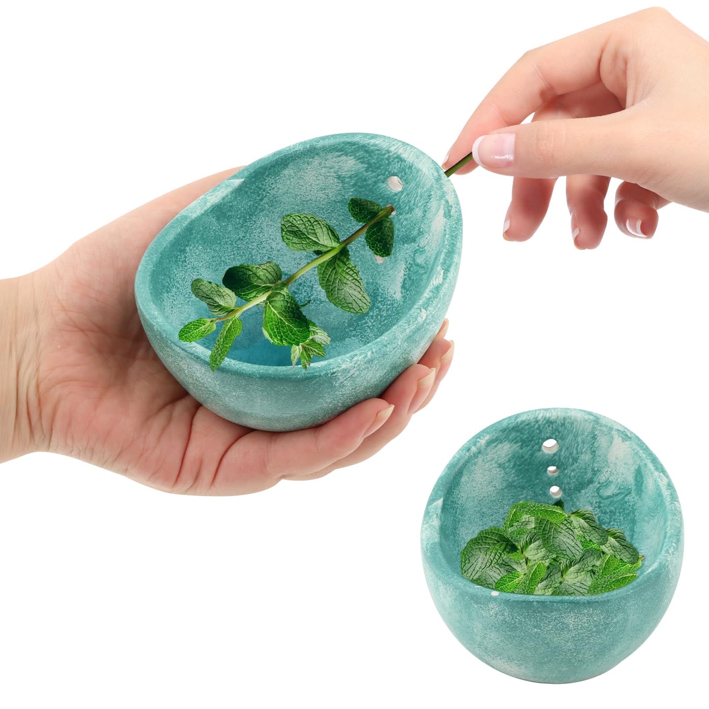 Pottery Herb Stripper Bowl, Handmade Ceramic Herb Peeling Cup with Different Hole Sizes for Separating Leaves and Stems (Blue)