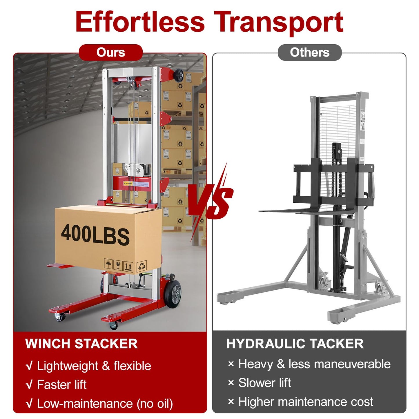 ELOMBR 122" 400lbs Material Lift Winch Stacker with Upgrade Effortless Winch, Hand Winch Lift Truck with Fixed-Leg, Manual Material Lifter Pallet Stacker for Contractor, Workshop, Industrial, Red