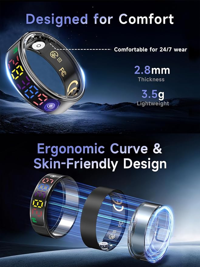 Smart Ring for Women Men, Health Ring with Colorful Display, Fitness Tracker with Heart Rate, Blood Oxygen, Sleep Monitor, No Subscription Fee, 5ATM Waterproof for iPhone & Android (Silver, 8)