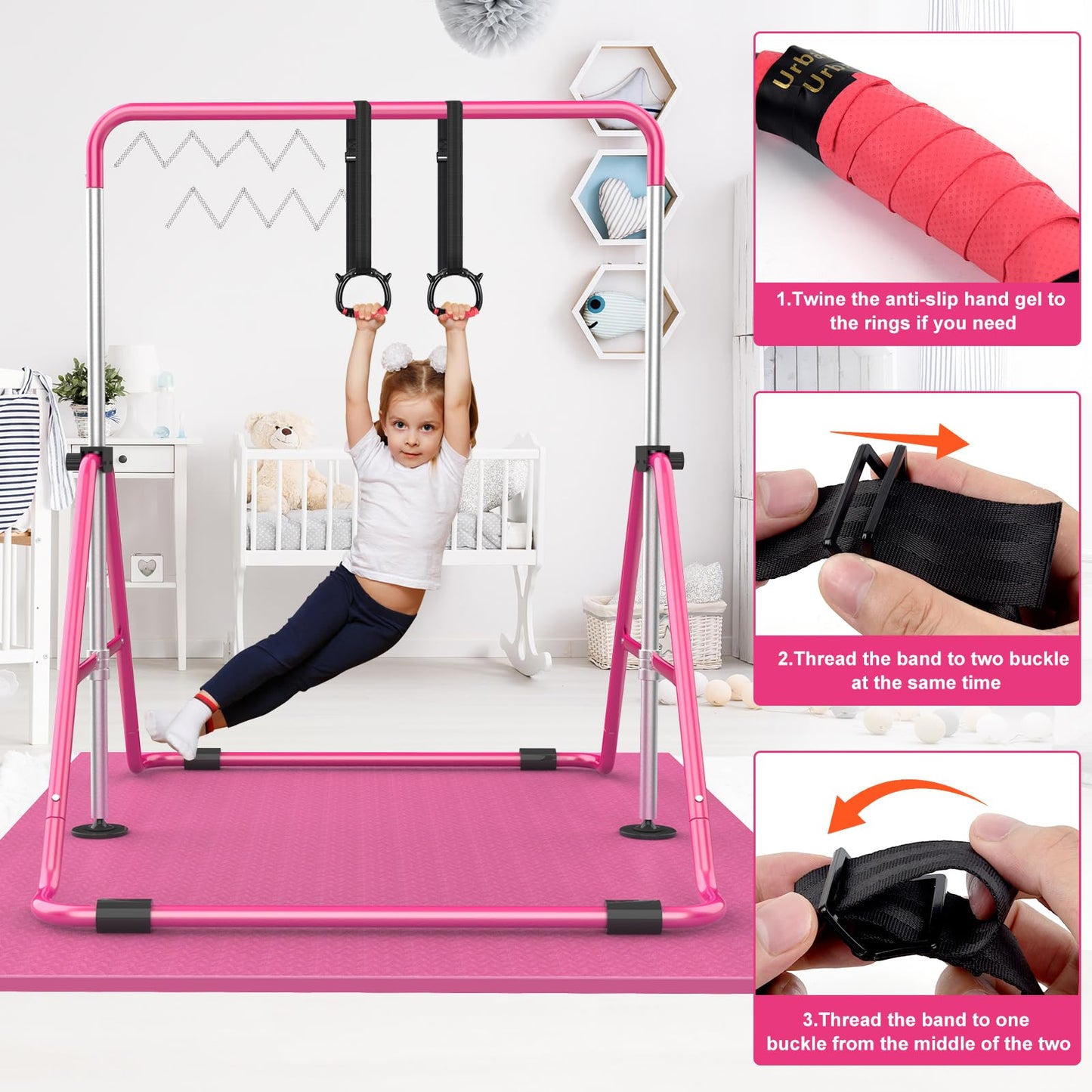 RINREA Gymnastic Bars for Kids with Adjustable Height, Folding Gymnastic Training Kip Bar, Expandable Horizontal Bar for Home (Pink_Mat)