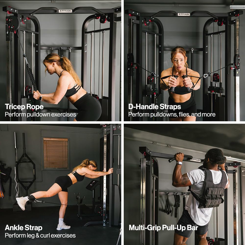 Titan Fitness Functional Trainer, Cable Crossover Machine with 200 LB Double Weight Stack, 2:1 Cable Pull Station, Home Gym Workout Weight Training Machine with Attachments