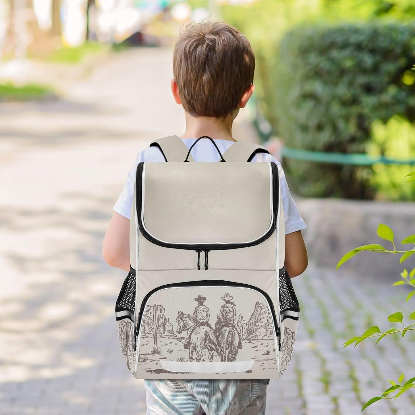 Backpack Western Desert Cowboy with Reflective Strip for Kids Boys Girls Elementary School Bag Removable Chest Strap