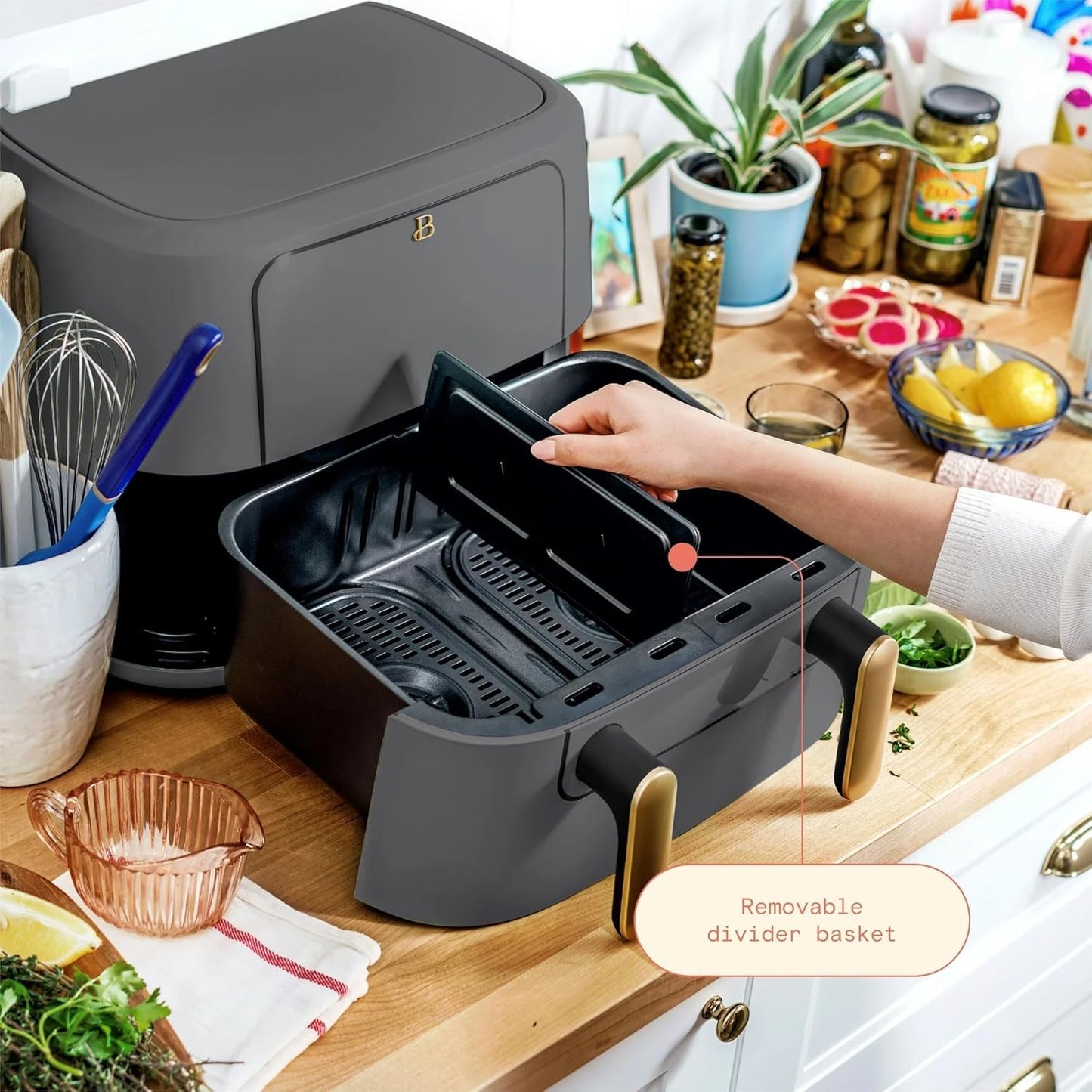 Trizone 9-Quart Dual Zone Air Fryer Exclusive with Divider & Crisper Trays, Digital Touchscreen for 2-in-1 Cooking By Drew Barrymoree (Grey)