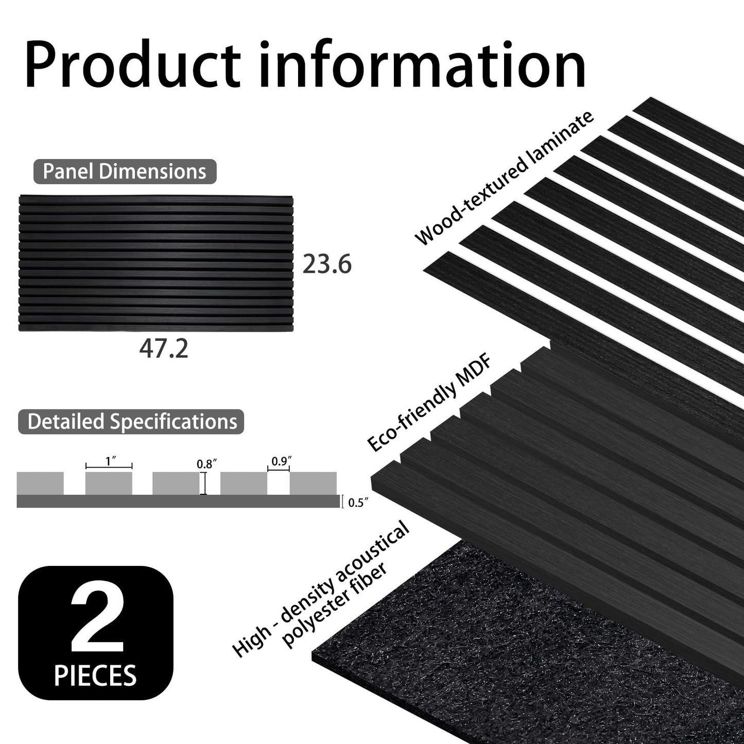 Yun-aeon Matte Black 4 Pack Wood Slat Acoustic Panels 47.2 x 23.6 Inch 3D Fluted Design for Sound Absorbing Wall and Ceiling Noise Reduction Home Theater Office Modern Decor