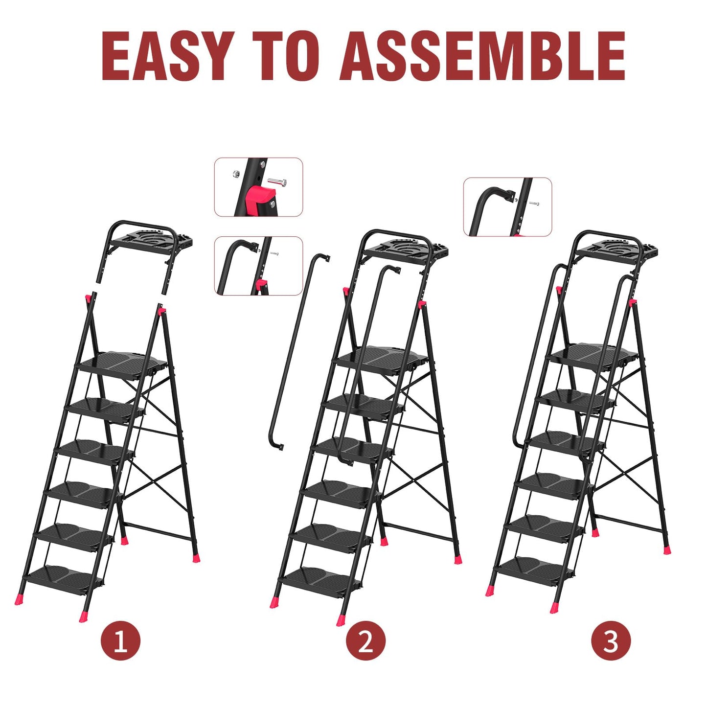 6 Step Foldable Step Ladder with Roomy Tool Tray & Secure Handrail, Wide Pedals Platform Stool 800lbs Capacity for Adults Home Kitchen