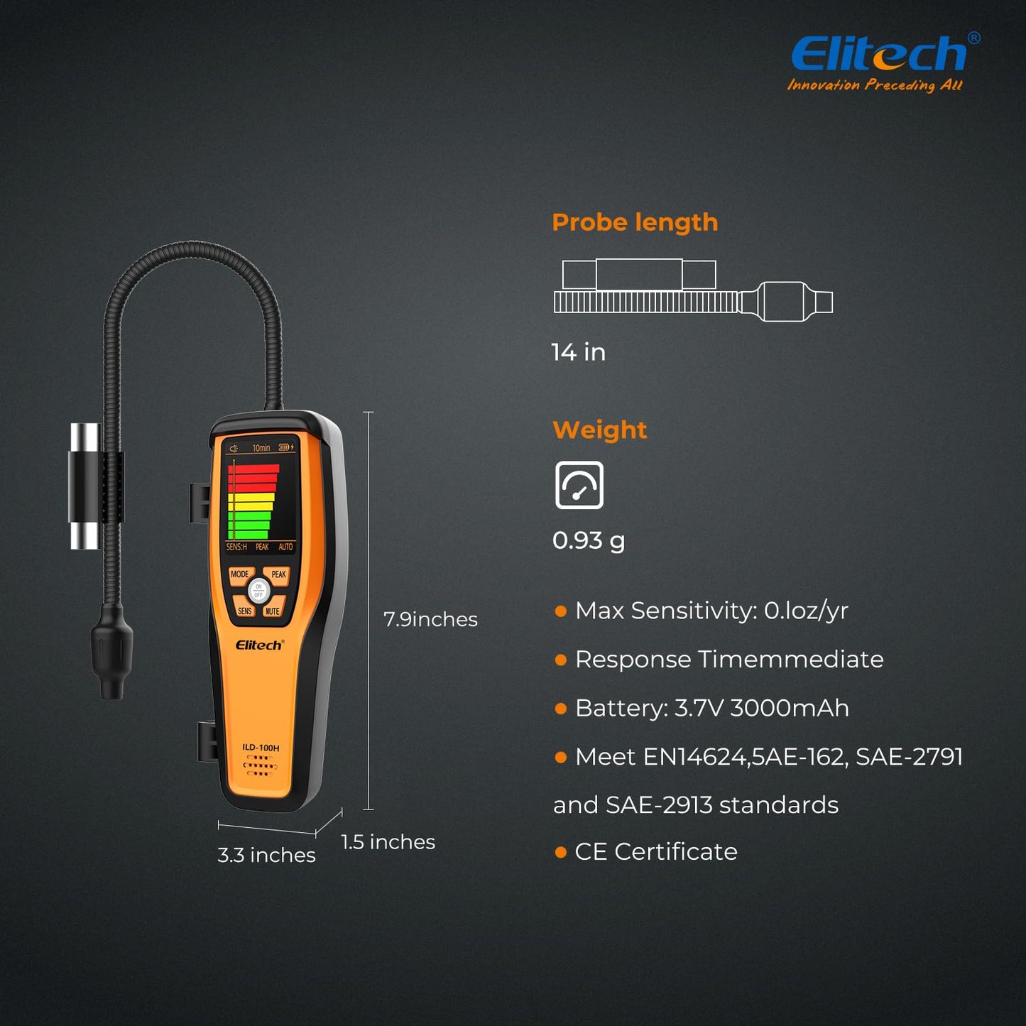 Elitech HVAC Refrigerant Leak Detector Heated Diode Sensor Halogen Freon Sniffer, Air Conditioning Detection, R22 R410A R134A R1234YF CFCs HCFCs HFCs, ILD-100H