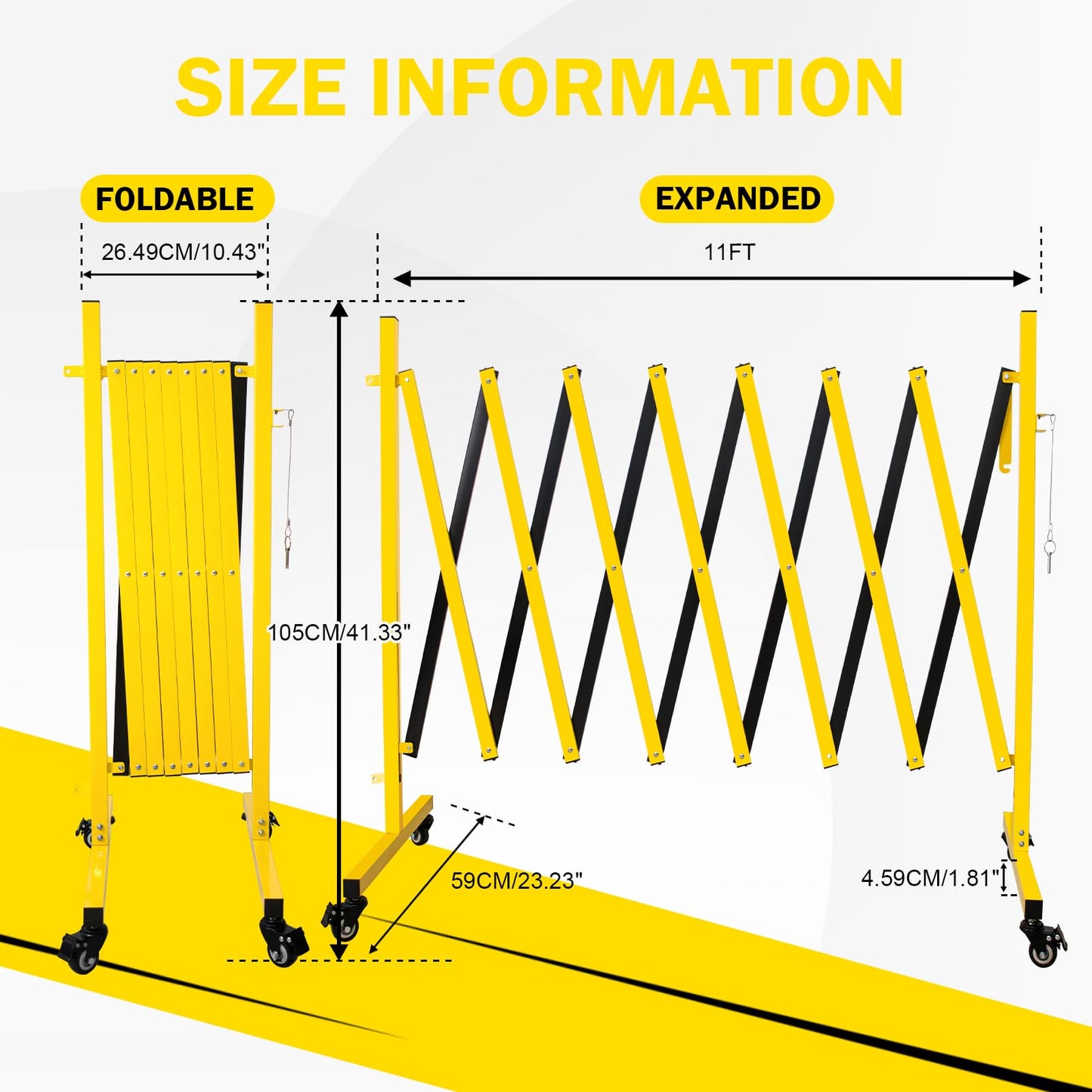 Bstyjqxh 11FT Traffic Barricade with Casters, Metal Expandable Barricade, Folding Security Gate, Retractable Fence Outdoor Barricade Fence for Construction Area, Traffic Control, Yellow
