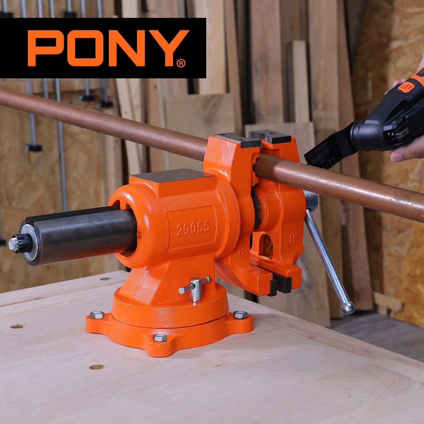 PONY Heavy Duty Bench Vise, 5-inch Jaw Width and Opening, 360-Degree Swivel Base With Anvil, Utility Combination Pipe Home Vise for Woodworking, One-Pair Vise Jaw Pad Included