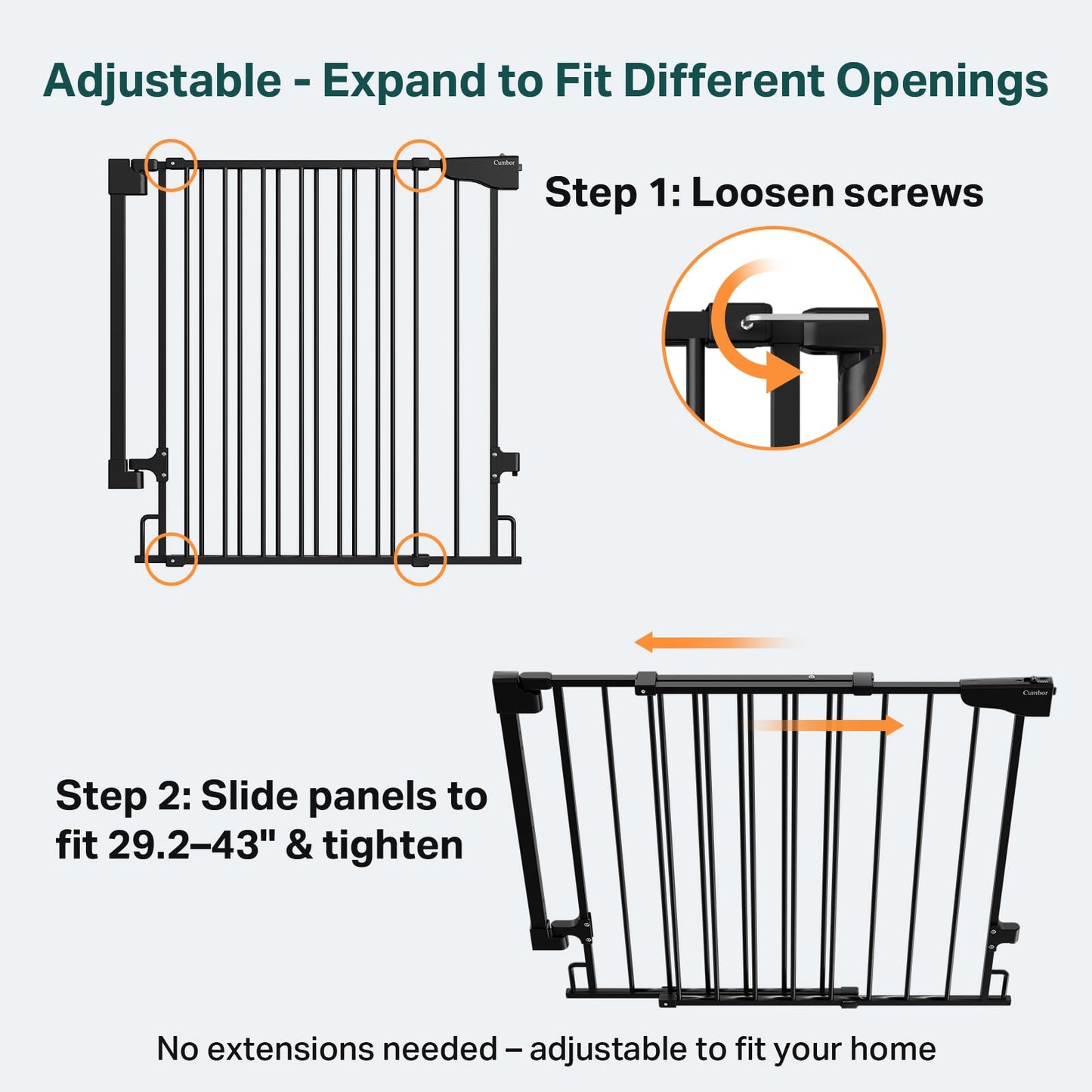 Cumbor 29.2–43" Baby Gate for Stairs, Hardware Mounted (Drill Required), Expandable No Bottom Bar Dog Gate, Auto Close Extra Wide Walk Thru, Pet & Toddler Proof Gate, Top & Bottom of Stairways(Black)