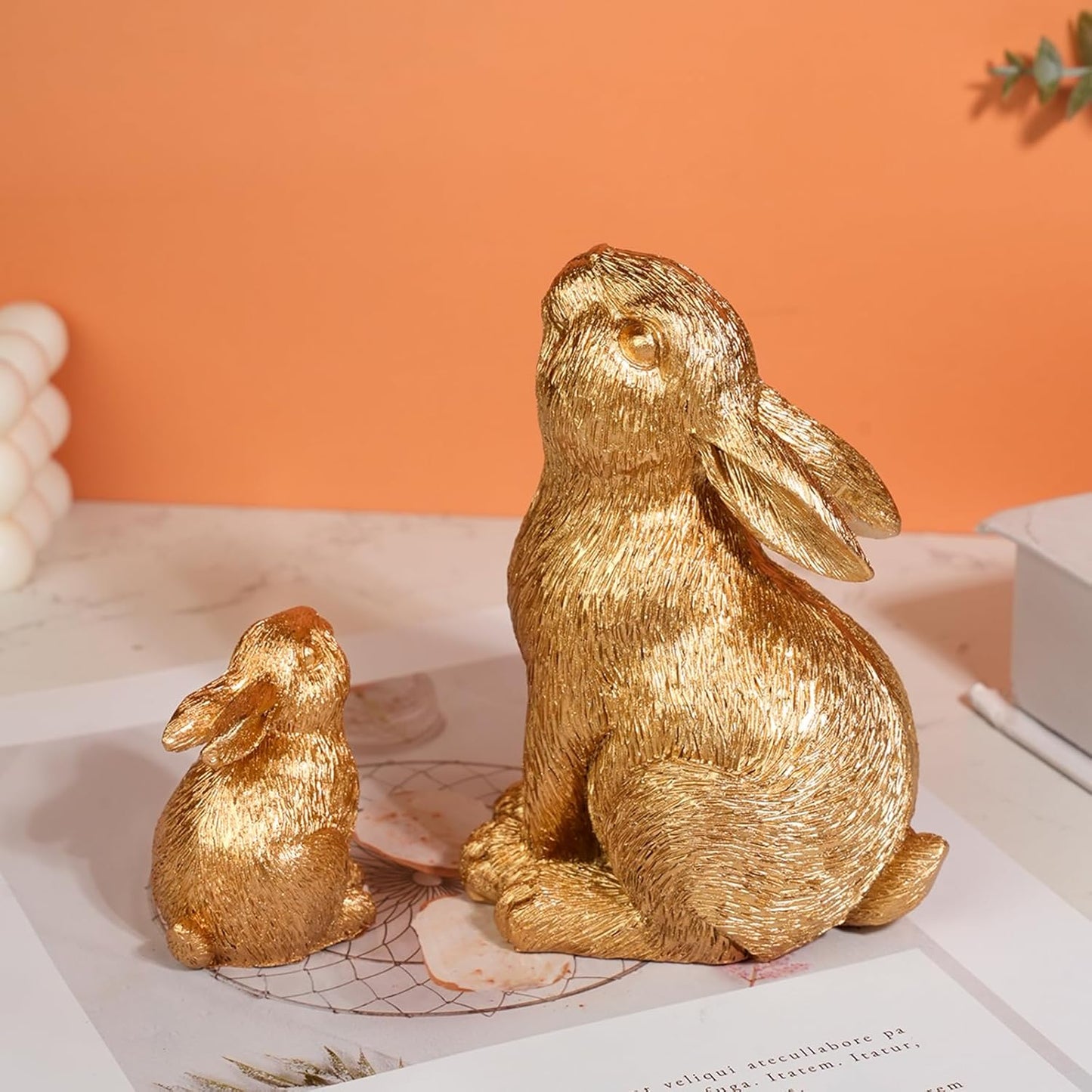 Regine Switzerland Easter Rabbit Resin Statues - Charming Outdoor Patio Decor | 2-Piece Set in Gold