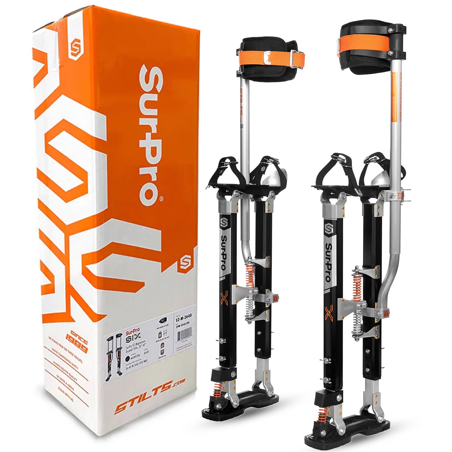 SurPro Single-Sided Drywall Stilts, Magnesium Base, 26” - 40” Height, QuadLock Contractor-Grade Stilts with Patented Flexion Foot System (S1X-M-2640) for Drywallers, Painters, Stilts Drywall