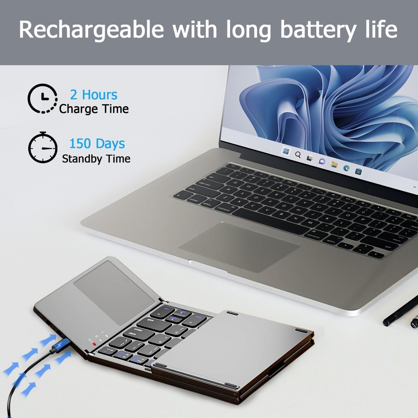 KUNSI Foldable Bluetooth Keyboard with Touchpad, Ultra Slim Portable Wireless Keyboard with Rechargeable Battery