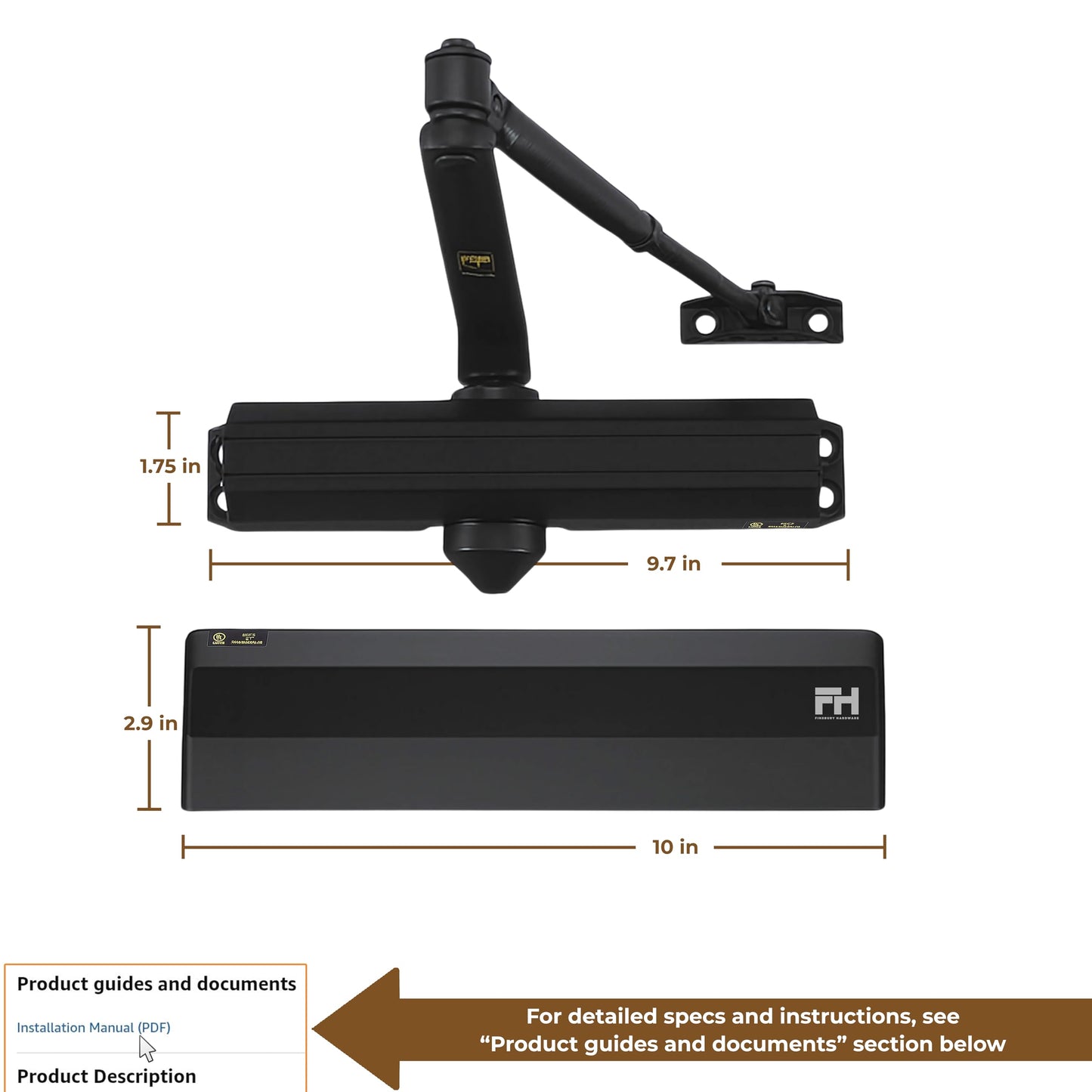Finsbury Medium Heavy Duty Door Closer – Grade 1 Commercial, Adjustable Spring Size 1–6, ADA & UL 3-Hour Fire Rated, Hydraulic Auto Close, Surface Mount for Interior/Exterior Doors (Black)