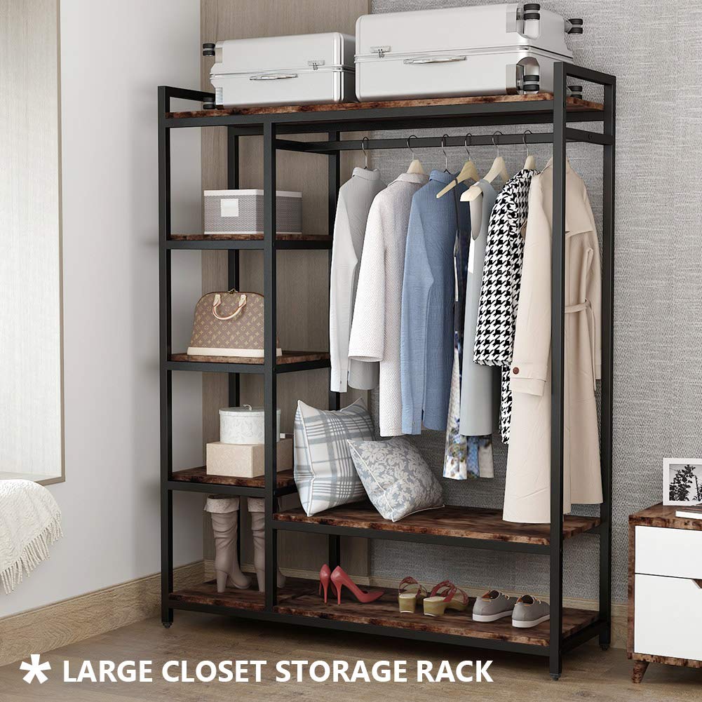 LITTLE TREE Free Standing Wood Closet Clothes Rack,Heavy Duty Grament Rack with Shelves,Hanging Racks for Clothes Clothing Rack for Bedrom,Wardrobe Closet Organizer,350 lb Capacity,Rustic