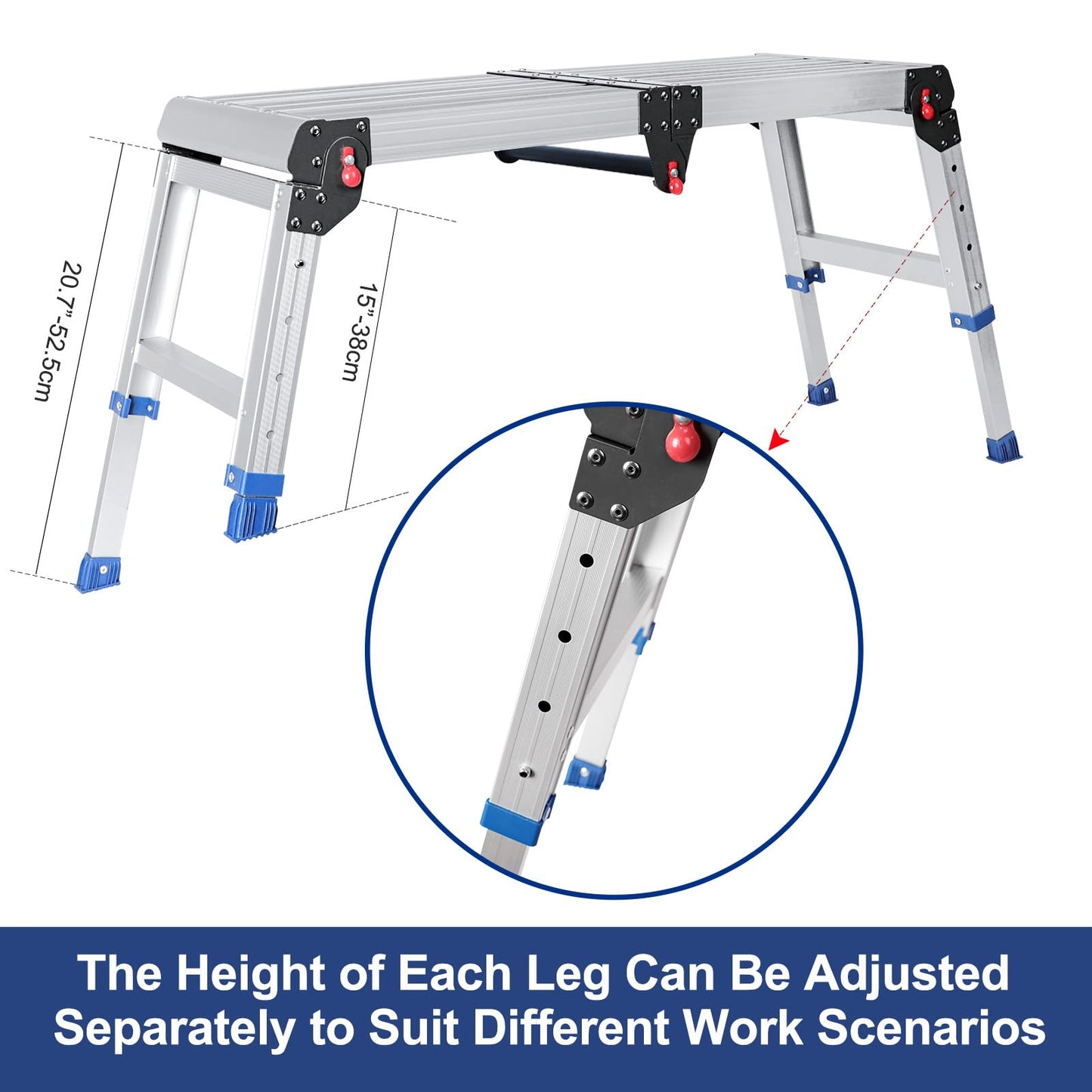 Foldable Aluminum Work Platform, 12.7 lb, Easy-Installation, Capacity of 500 lbs, Non-Slip, Step Stool for Adults with Adjustable Height, Heavy Duty & Portable Step Ladder