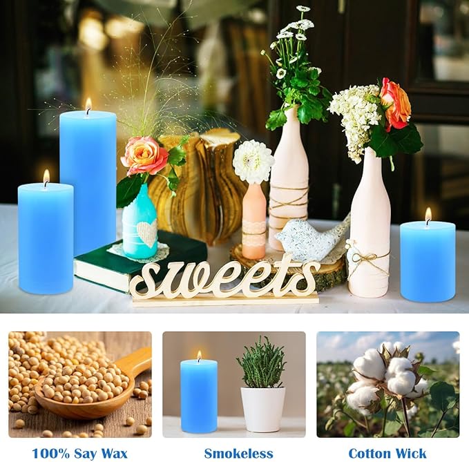 Blue Pillar Candles Set of 3 - Dripless Unscented - 3x4, 3x6 & 3x8 inches Decorative Candles for Home Decor & Table Centerpieces