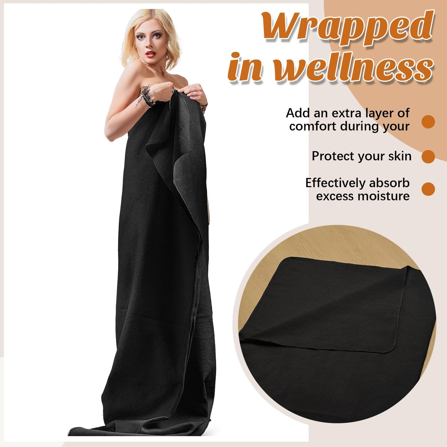 Juexica 1 Pack 70" x 30" Sauna Blanket Insert Towel Cotton Soft Waffle Comfortable Absorbent Towel for Infrared Sauna Blankets Spa, Soft Reusable and Machine Washable (Black)