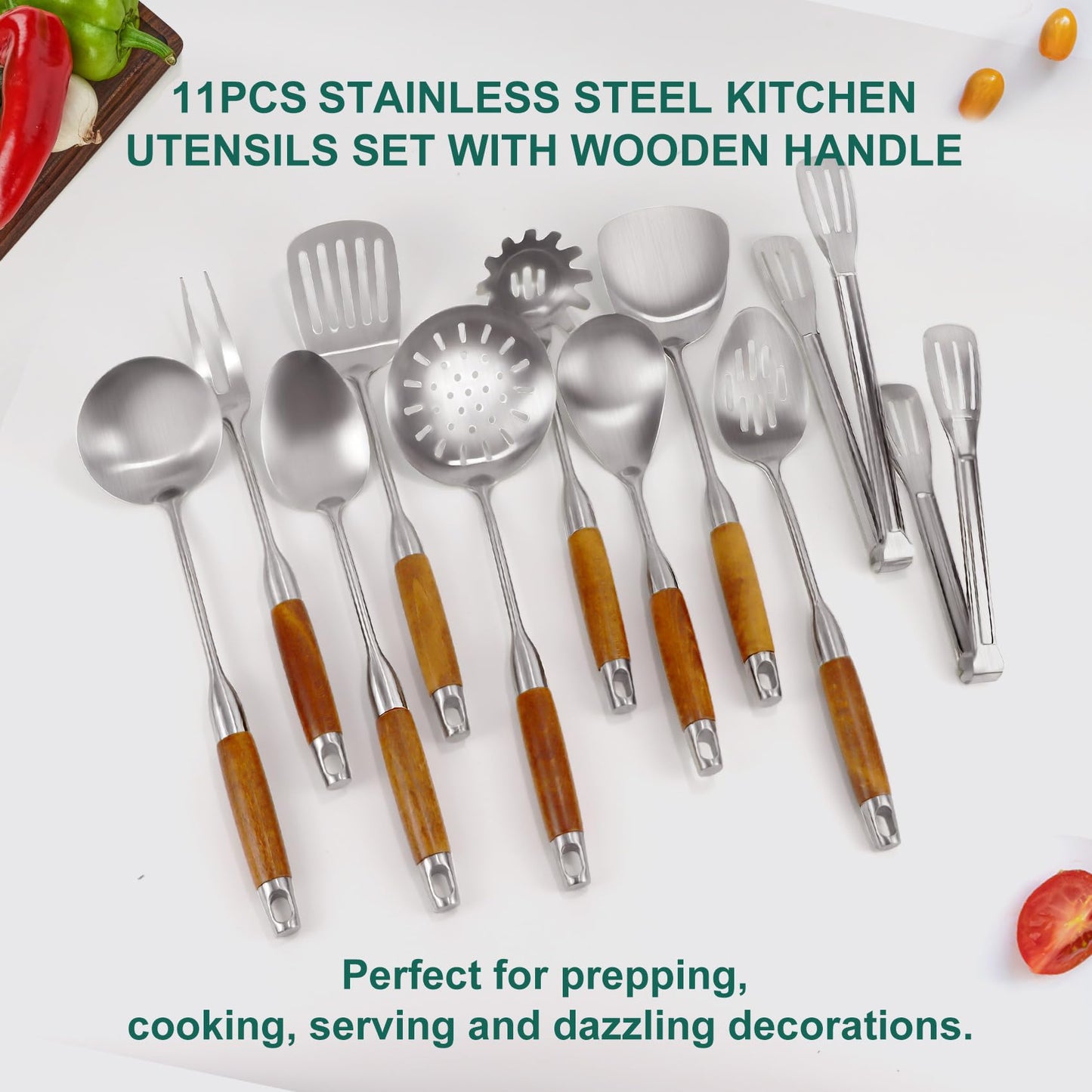 304 Stainless Steel Kitchen Utensils Set with Wooden Handle, 11 Pcs Long Heat Resistant Metal Cooking Utensils Set, Stainless Steel Cooking Utensils Set with Spatula, Turner, Solid and Slotted Spoon