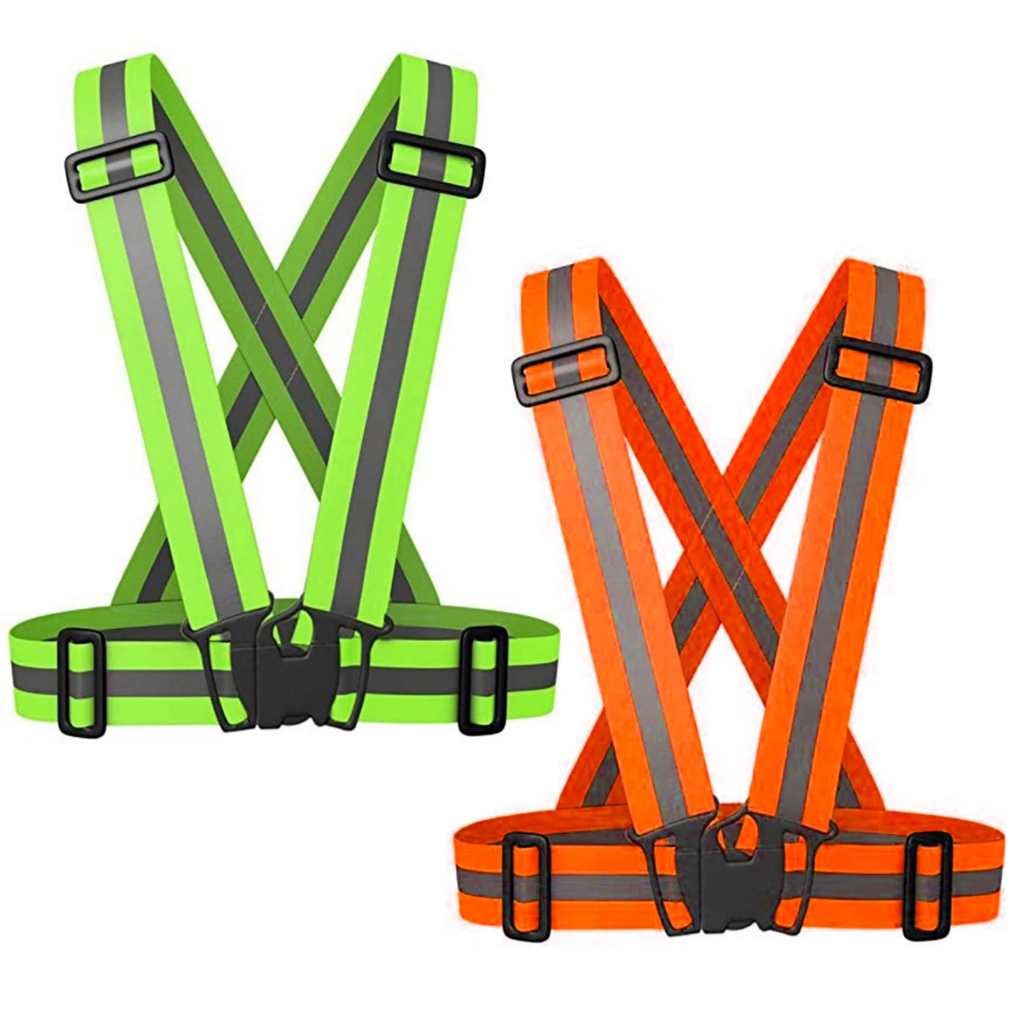 Reflective Safety Vest 2pcs - High Visibility Vest Adjustable Straps for Outdoor Jogging, Cycling, Walking,Construction Workers,Traffic Control,and Outdoor. Fits Men Women (Green + Orange)