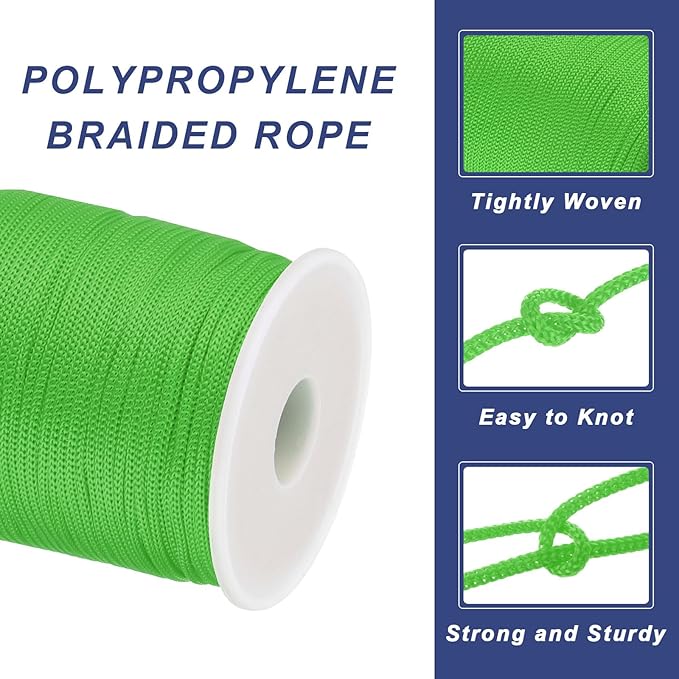 MECCANIXITY 1/12 Inch Polypropylene Rope Braided Ropes, 328ft Nylon Rope Hollow Utility Cord for Clothesline, Camping, Hiking, Outdoor, Light Green