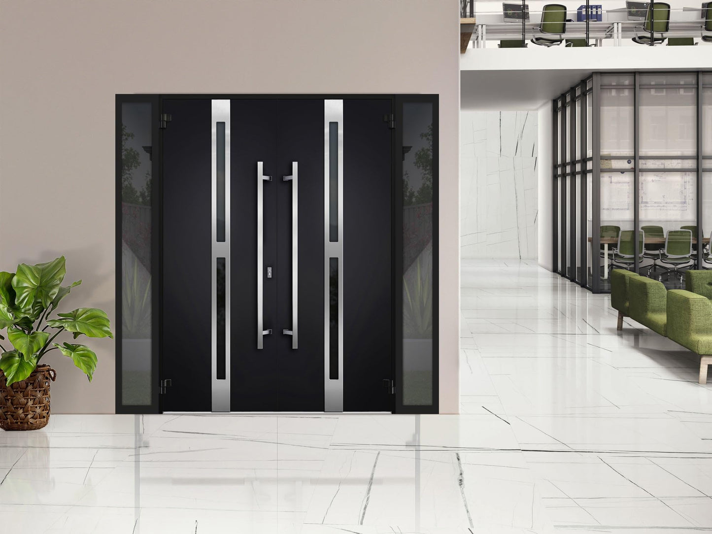 VDOMDOORS Front Exterior Prehung Metal Double Doors/Deux 1755 Black Enamel Tinted Black Glass / 2 Sidelites Exterior Windows/Entry Modern Painted Right Inswing Active Door 104" x 80"