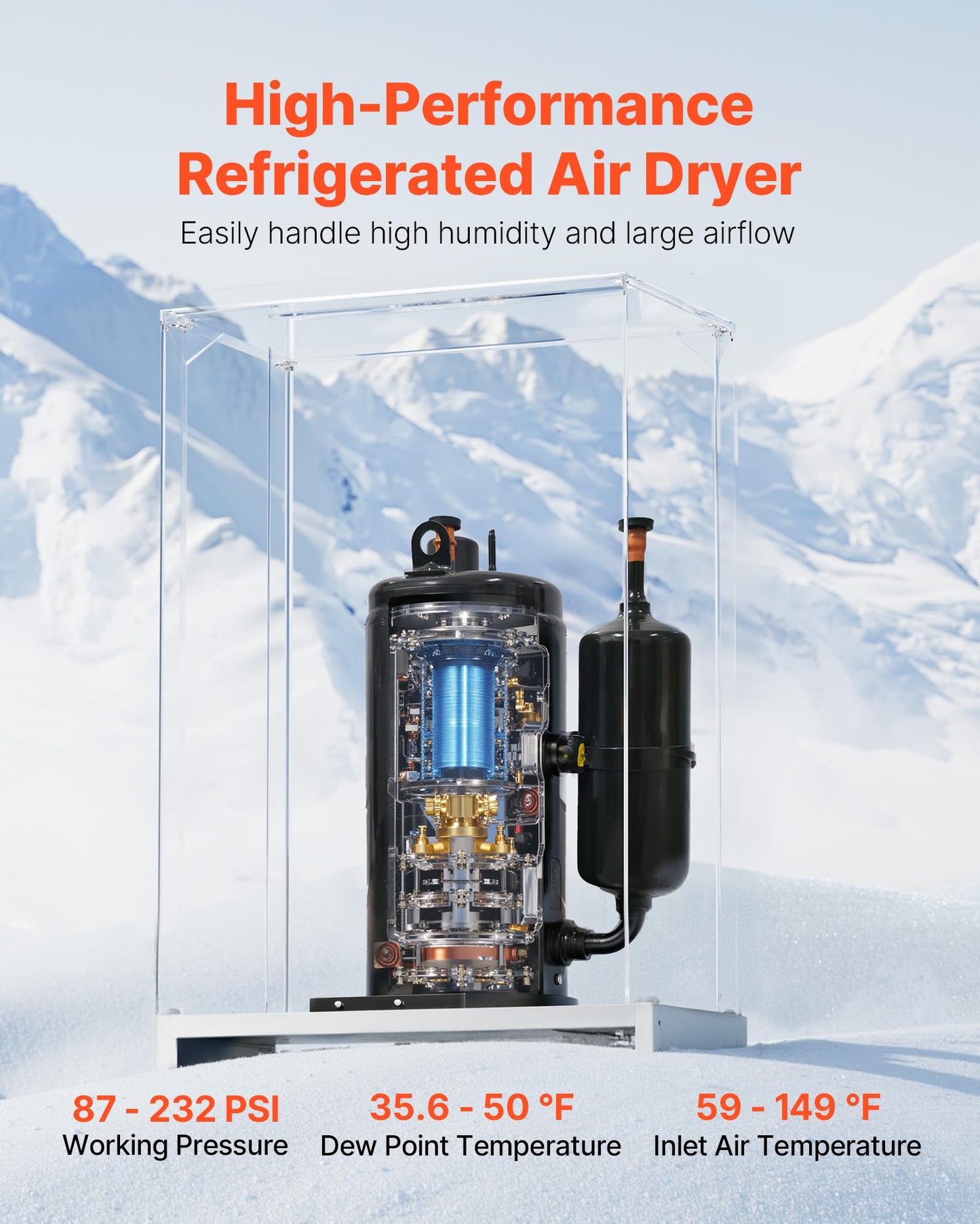 VEVOR Compressed Air Dryer, 125CFM Refrigerated Air Dryer, 110-120V Industrial Refrigerated Air-Drying System for 20HP, 25HP & 30HP Compressors - with Color Screen Control Panel and Automatic Drainage