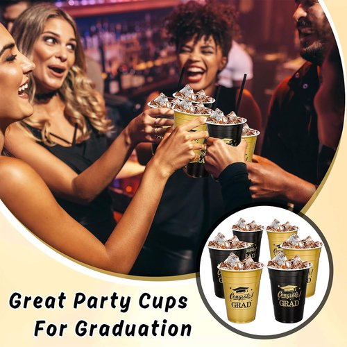 FYSUIMU 16Oz Graduation Cups - 100Pcs Gold & Black Disposable Drinking Cups for Party Supplies