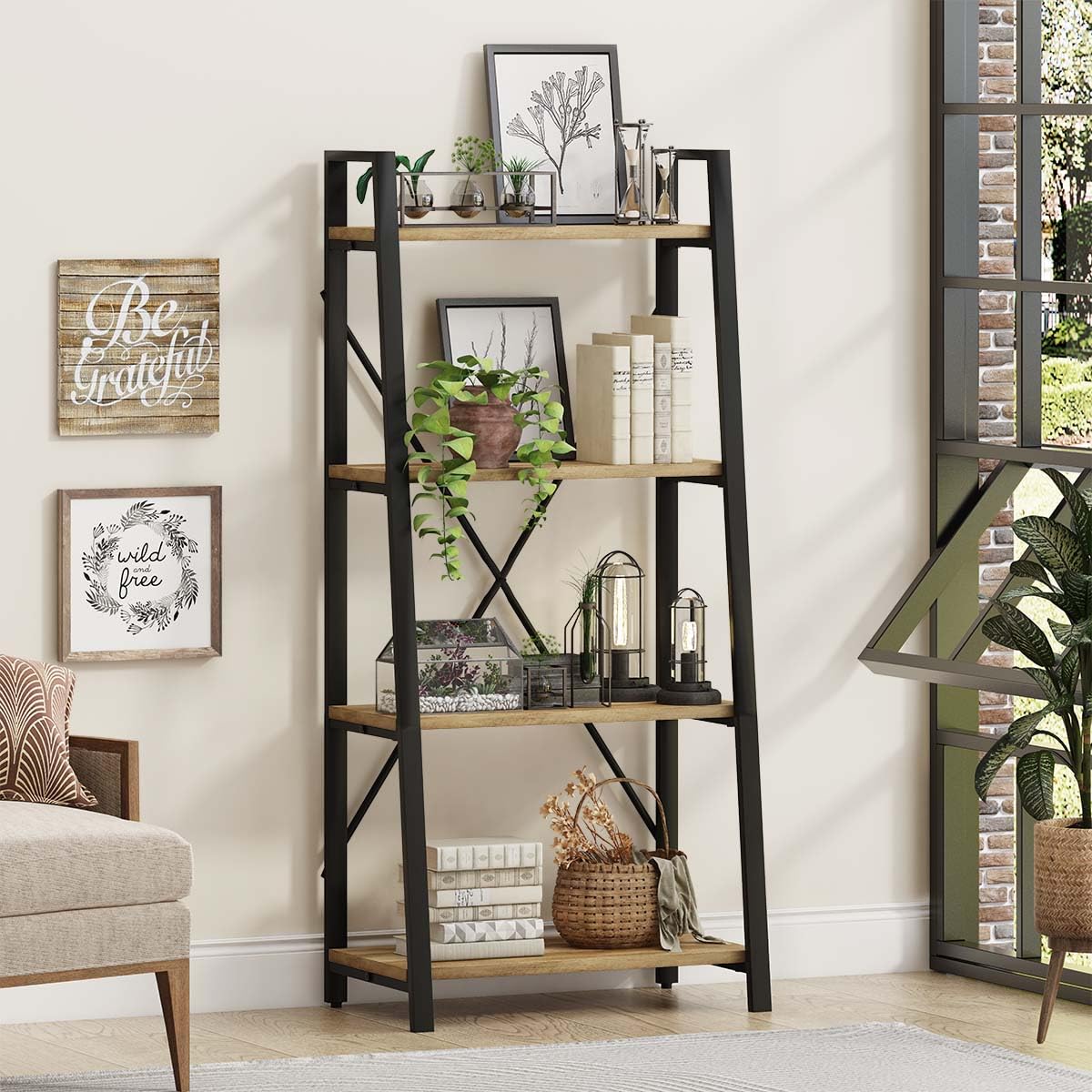 BON AUGURE Bar Cart for The Home, Bar Serving Carts on Wheels with Industrial Ladder Shelf Bookcase, 4 Tier Rustic Ladder Bookshelf, Standing Leaning Book Shelves for Living Room (Vintage Oak)