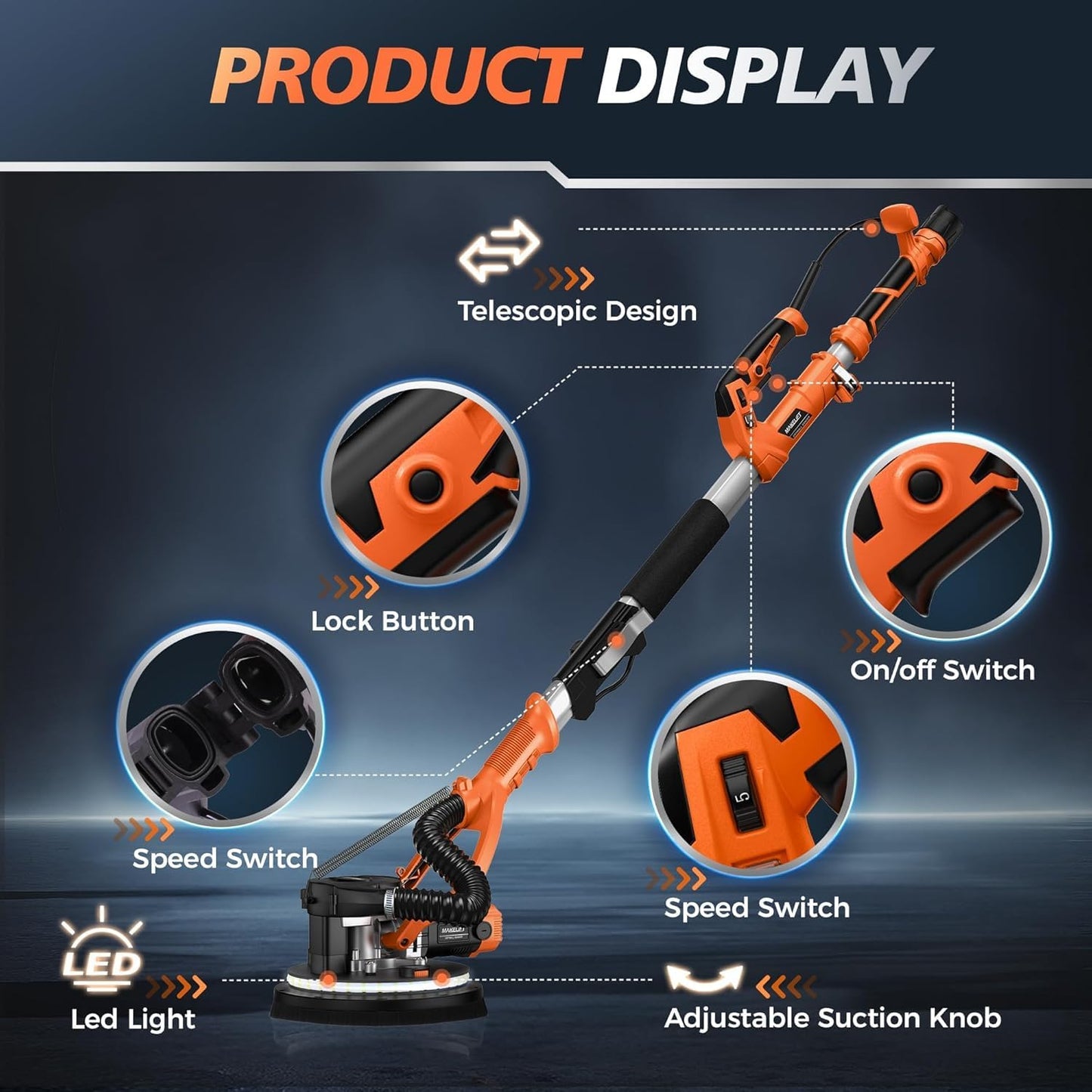 Drywall Sander with Vacuum Dust Collector, 1050W 7.33A Popcorn Ceiling Removal Tool, LED Light, 5 Variable Speed 1000-2100RPM, Foldable & Extendable Handle, 12 Sanding Discs