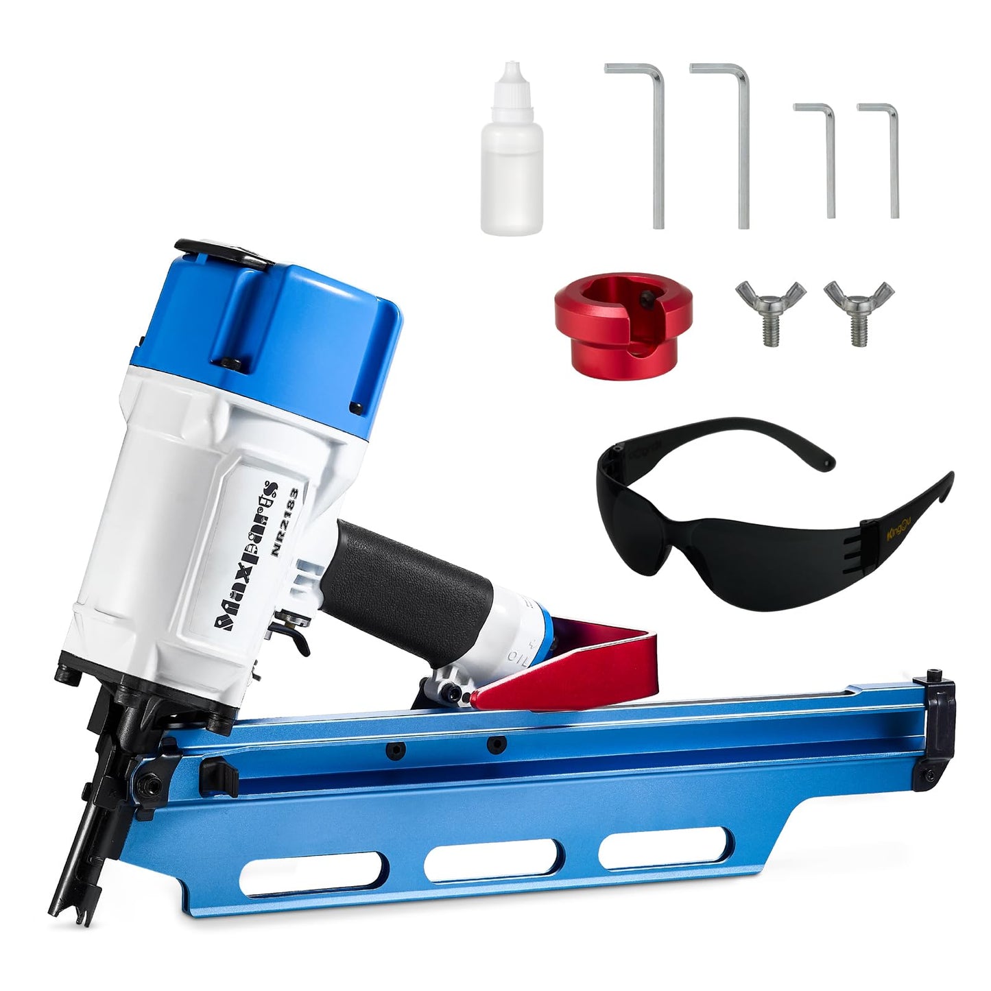 Maxparts Framing Nail Gun NR2183 21 Degree Plastic Strip Nailer with Aluminum Magazine Quick Shooting Pneumatic Tools for Wood Constructions Light Blue Color