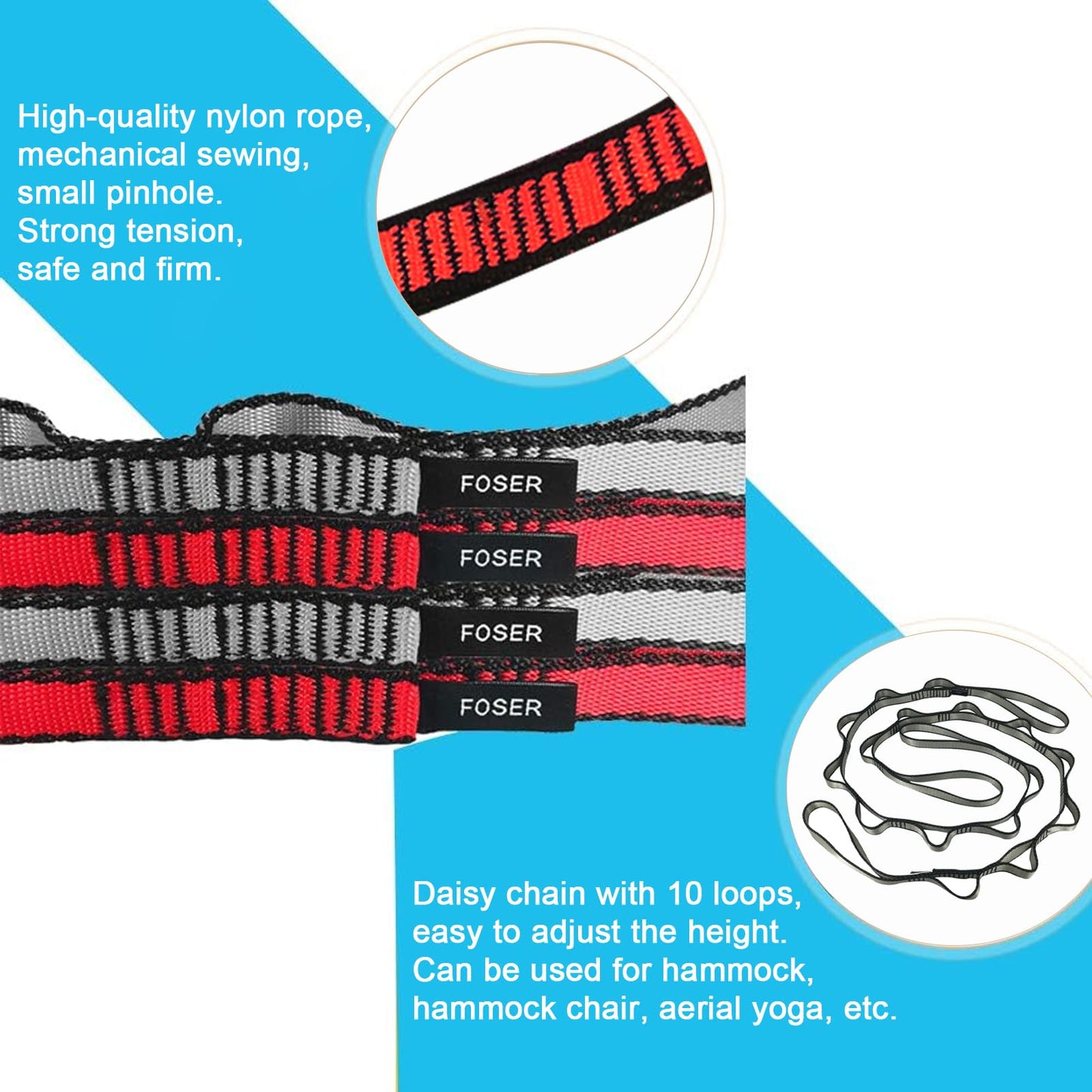 FOSER 2pcs Daisy Chains, Yoga Hammock Extension Strap, Adjustable Nylon Strap Fitness Pilates and Exercise Extend Strap (GRAY)