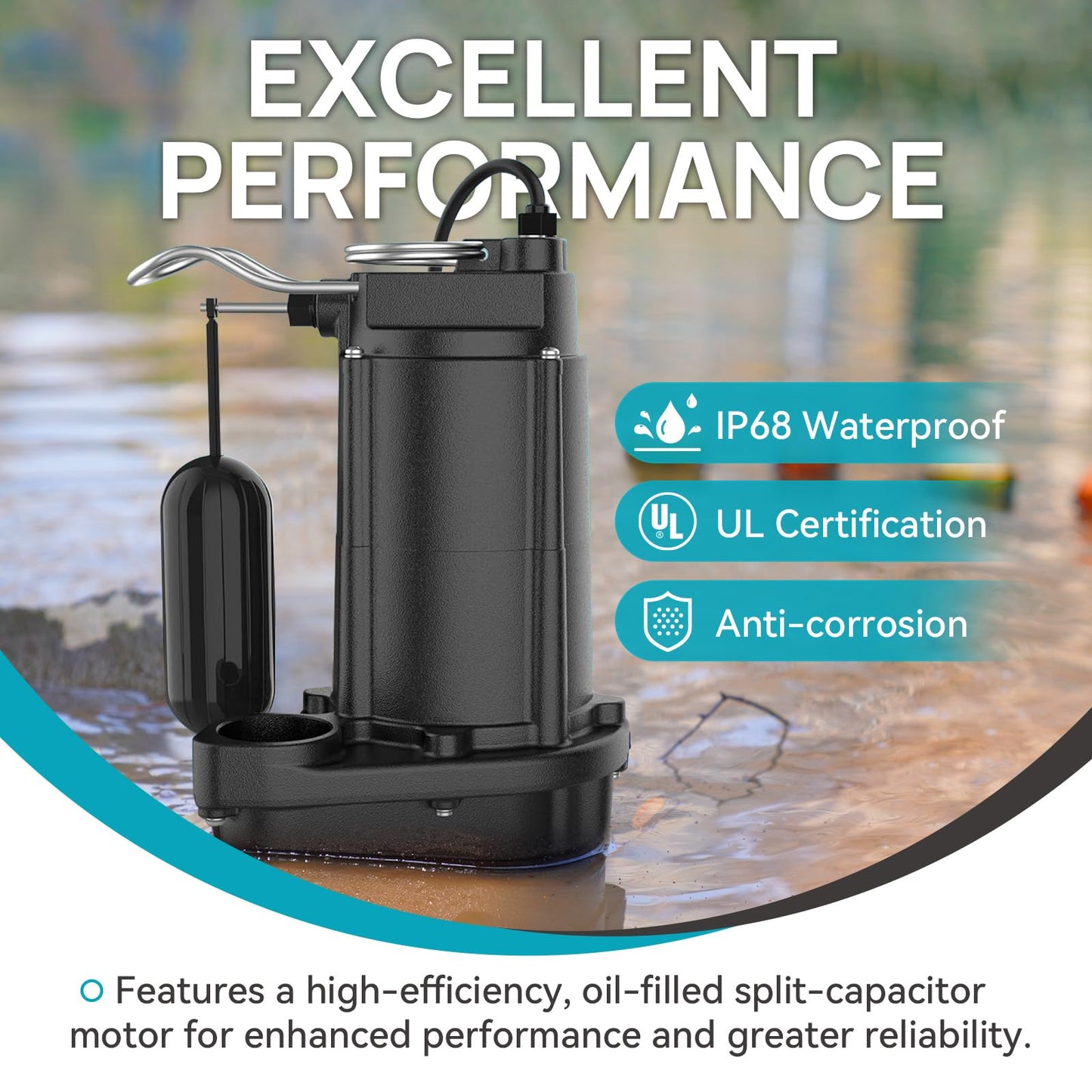 BOMGIE 1/2 HP Sewage Pump, Cast Iron Effluent Pump, Automatic Float Switch, Sewage Sump Pump for Sump Basin, Basement, Residential Sewage, 2'' NPT Discharge, Dark